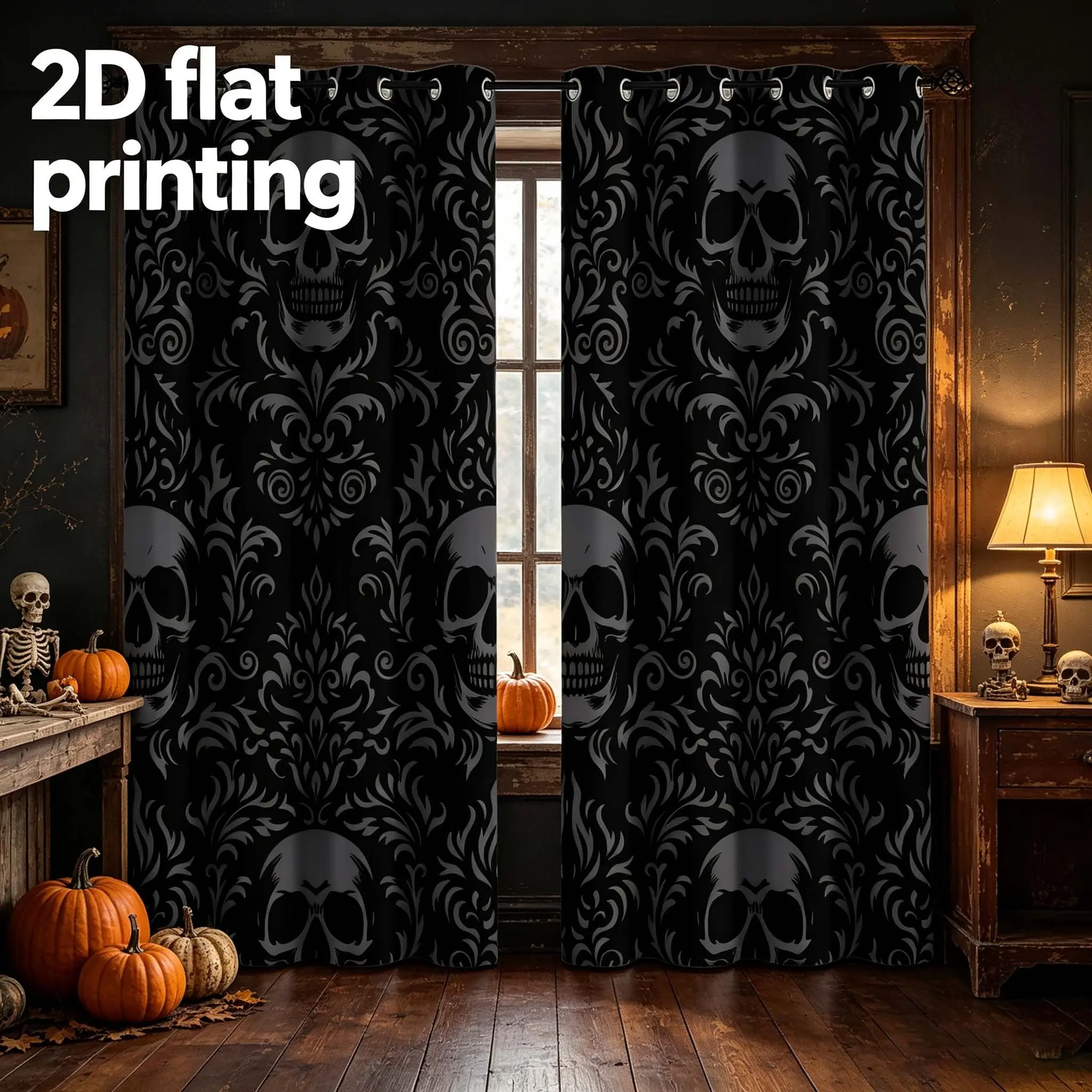 Two-Piece Half-Blackout Privacy Grommet Curtains Window Drapes for Living Room & Bedroom, Gothic Skull Print, Easy Installation, Suitable for Apartments & Hotels