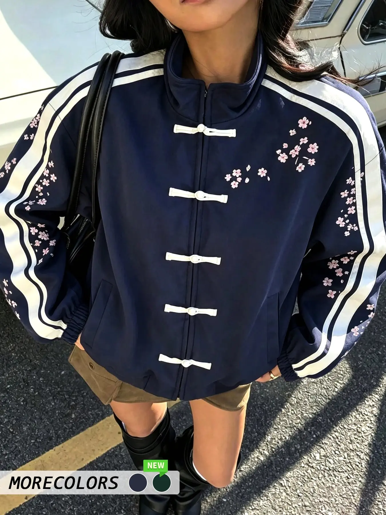 1Pc Women Chinese Frog Button Casual Jacket Retro Cherry Blossom Print Striped Stand Collar Windbreaker For Daily Streetwear, Women's Special Clothing ,Womenswear.Women's Tops.Womenswear,Clothes Accessories.Sports & Outdoor Accessories