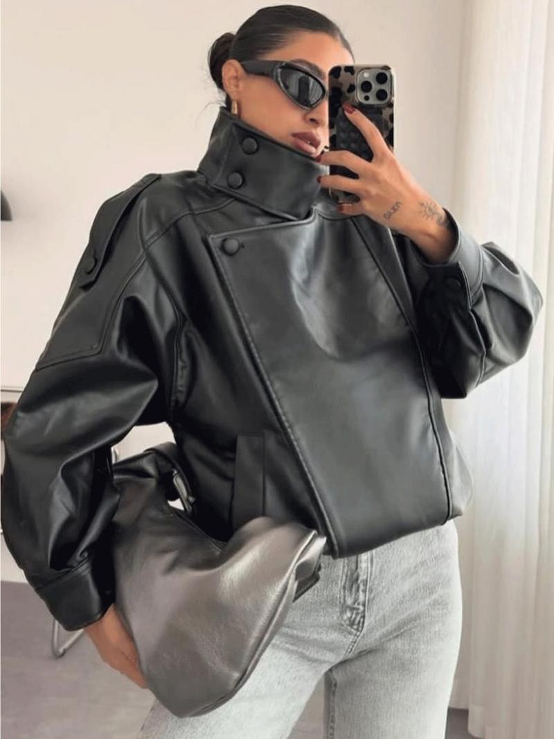 Faux Leather Jacket Woman Outerwears Fashion Asymmetric Zipper Bomber Jacket Demi-Season Streetwear Plus Size Women's Black Jacket Long Sleeve New In Coats Motorcycle Jackets