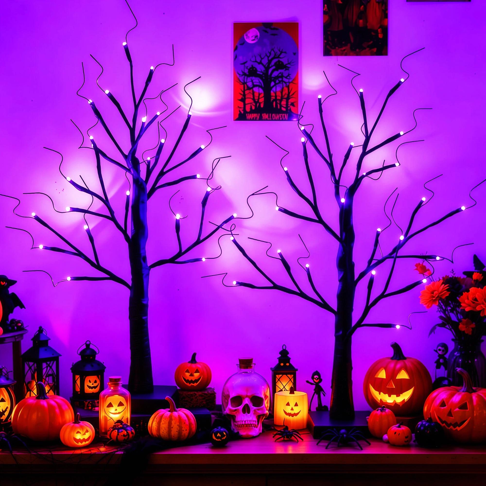 1/2 Pack 24 Inch Black Halloween Ghost Tree Light with 24 LEDs Orange & Purple Lights, USB & Battery Powered, DIY Hanging Ornament Table Lamp for Bedroom Haunted House Thanksgiving Autumn Seasonal Home Party Decor (Battery Not Included)