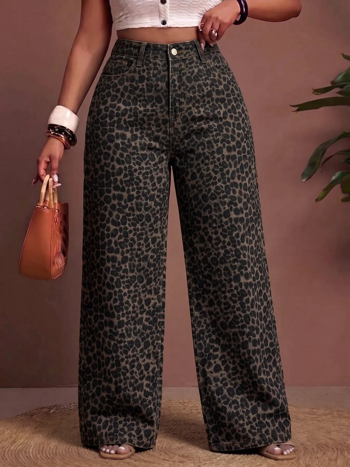 Women's Vintage Leopard Print Wide Leg Jeans, Mid Waist Loose Fit, Casual All Seasons, Slim-Fitting, Unlined, Batch Number 2026, Bottom