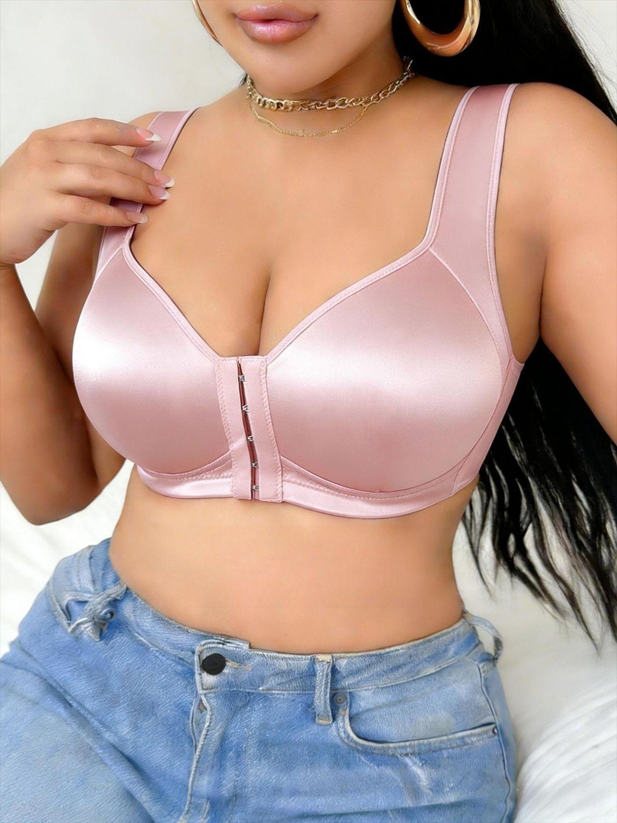 Women's Front Snap Closure Sports Bra, No Underwire Gathered Lift Anti-Sag Plus Size Bras, Smooth Fabric Comfortable Support