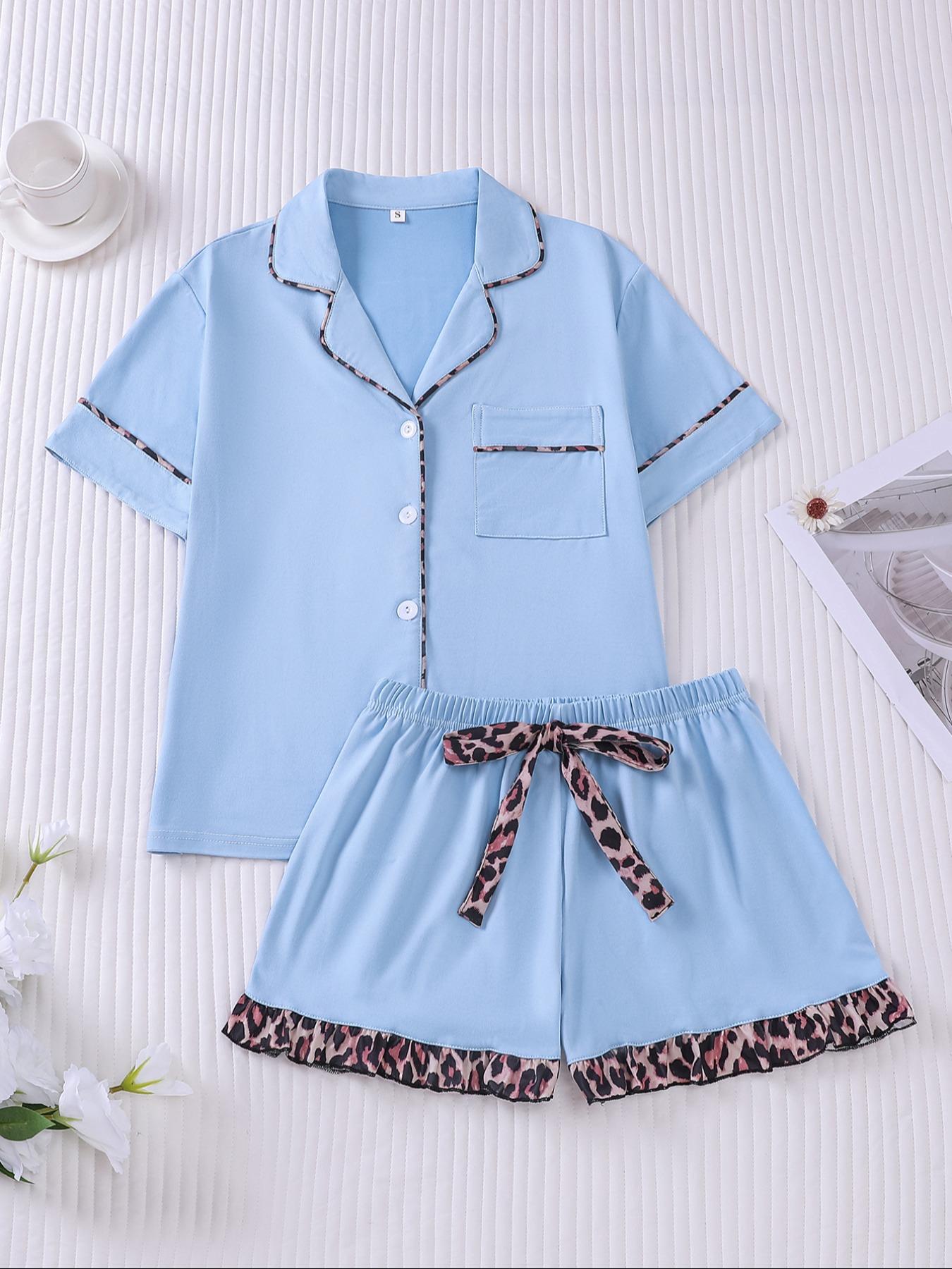 Women's Contrast Binding Pajama Two-piece Set, Short Sleeve Button Up Top & Shorts Pj Set, Casual Comfy Loungewear Set for Women, Nightwear, Casual Sleepwear Set Women's Contrast Binding Pajama Two-piece Set, Short Sleeve Button Up Top & Shorts Pj Set, Casual Comfy Loungewear Set for Women, Nightwear, Casual Sleepwear Set