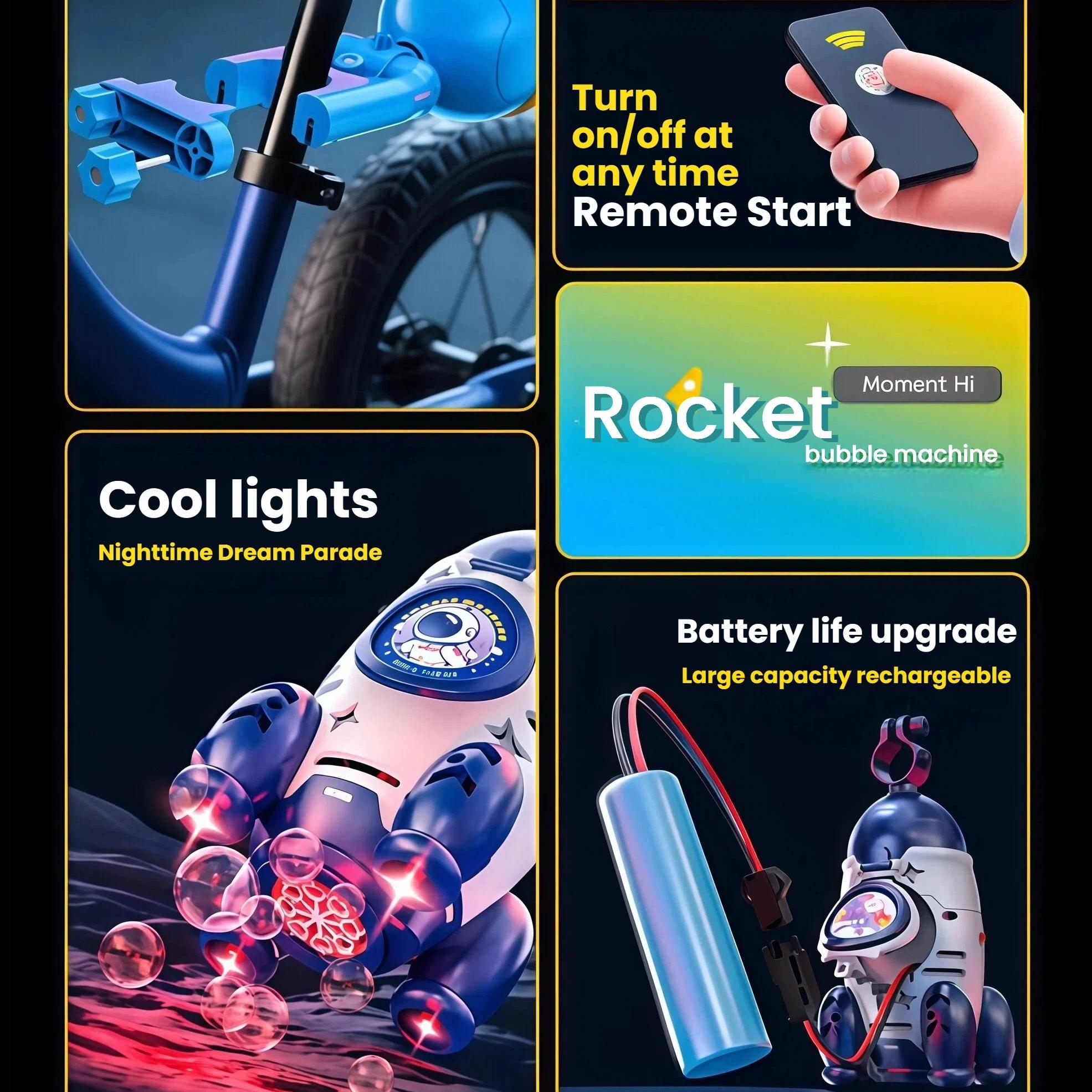 Bicycle Mounted Rocket Bubble Machine, Auto Lights, Super Bubble Output, Fits Bike/Motorcycle, Remote Control Outdoor Bubble Toy for Kids 3-6 & 6-8 Years Old （ Includes 50ML*2 Bubble Solution）
