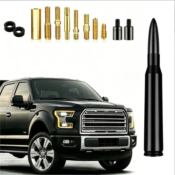 Short 50 BMG Metal Bullet Antenna, 6061 Aluminum Alloy Frame, Hard-Anodized Coat, Anti-Theft Design, 10 Adapters, Car Wash Safe, Outdoor Conditions Compatible, AM/FM/Bluetooth Signal Support, Easy Installation for Ford GMC Chevrolet Silverado Trucks