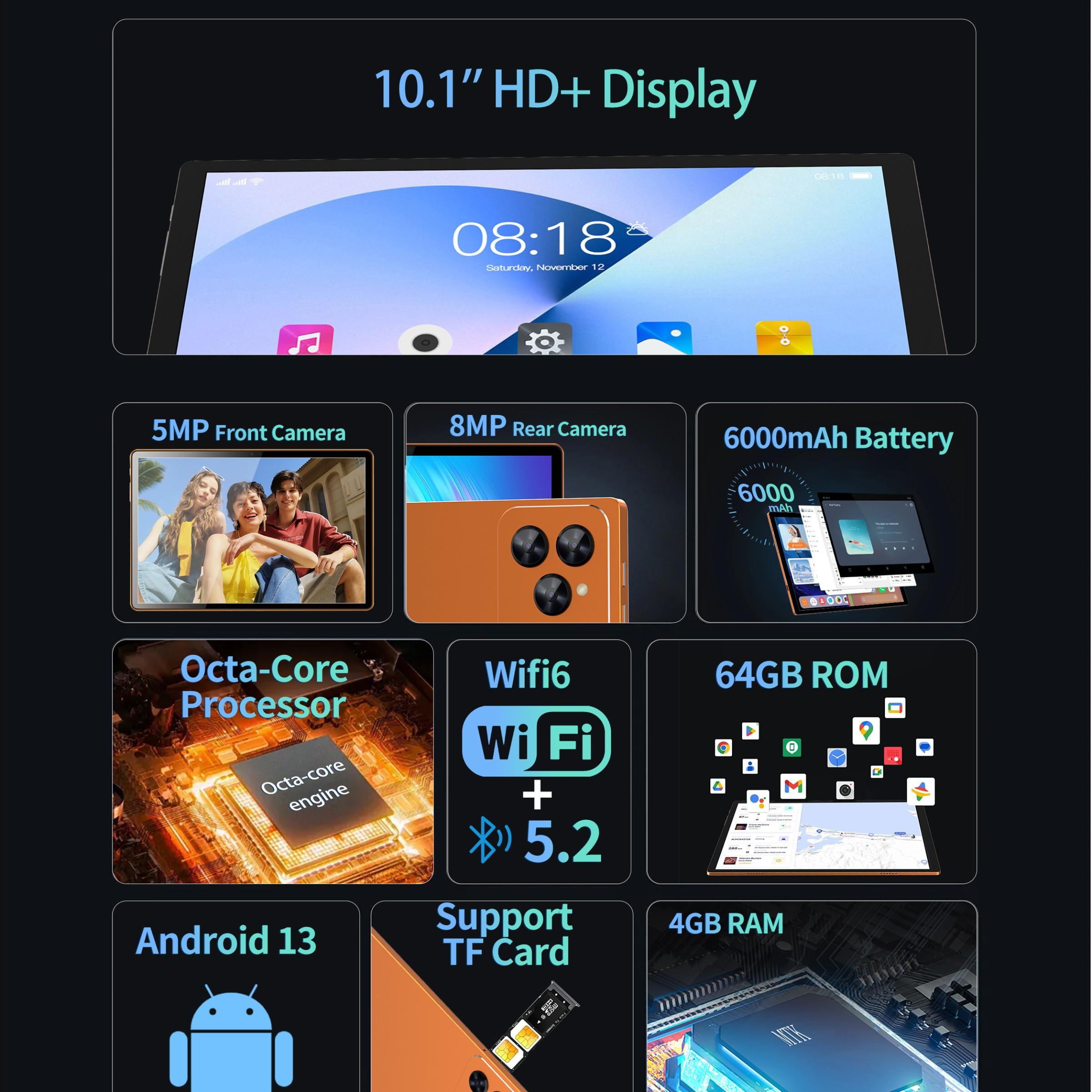 2026 New Touchscreen Wireless Tablet PC 10.1 Inch Android 13, 1920x1200 HD IPS Touch Screen, 4GB RAM 64GB ROM, 6000mah Battery, Office Leisure Multi-Scenario Use Learning Entertainment Tablet