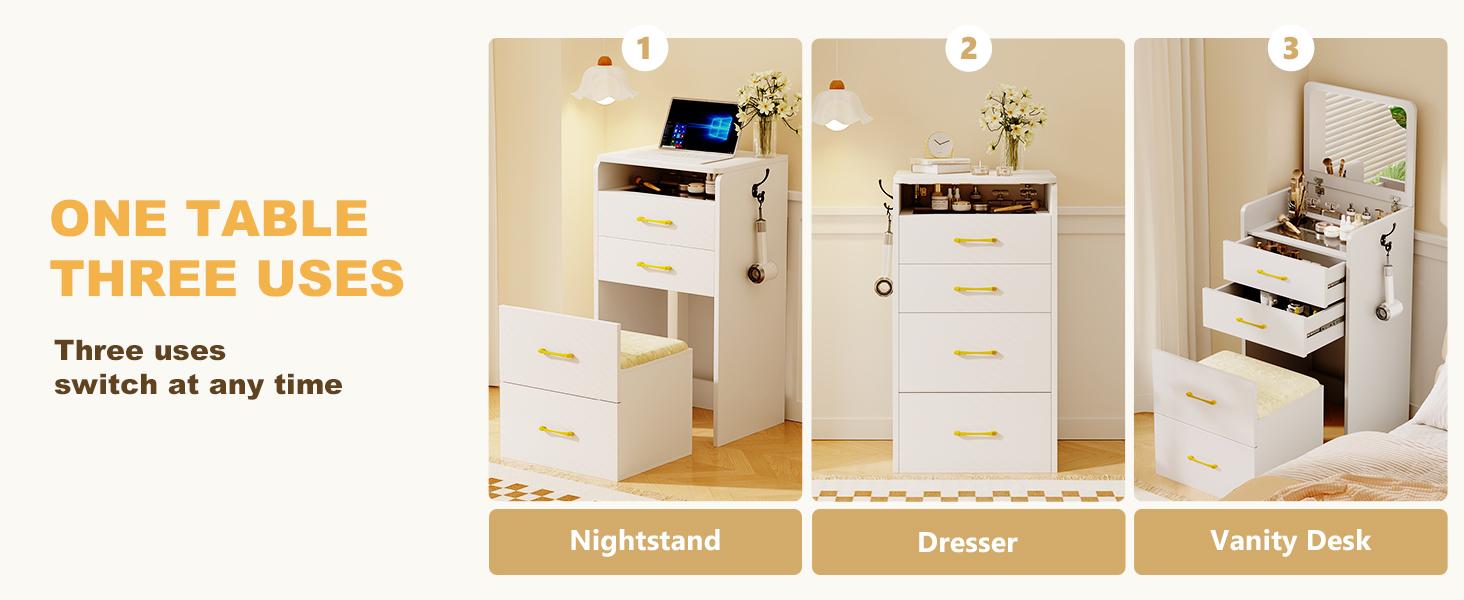 3 in 1 design】vanity, nightstand and chair are combined into a compact corner vanity-nightstand all in one. The vanity table also comes with a flip-up mirror, which flips open to be a simple vanity and closes to be a nightstand with great storage space.