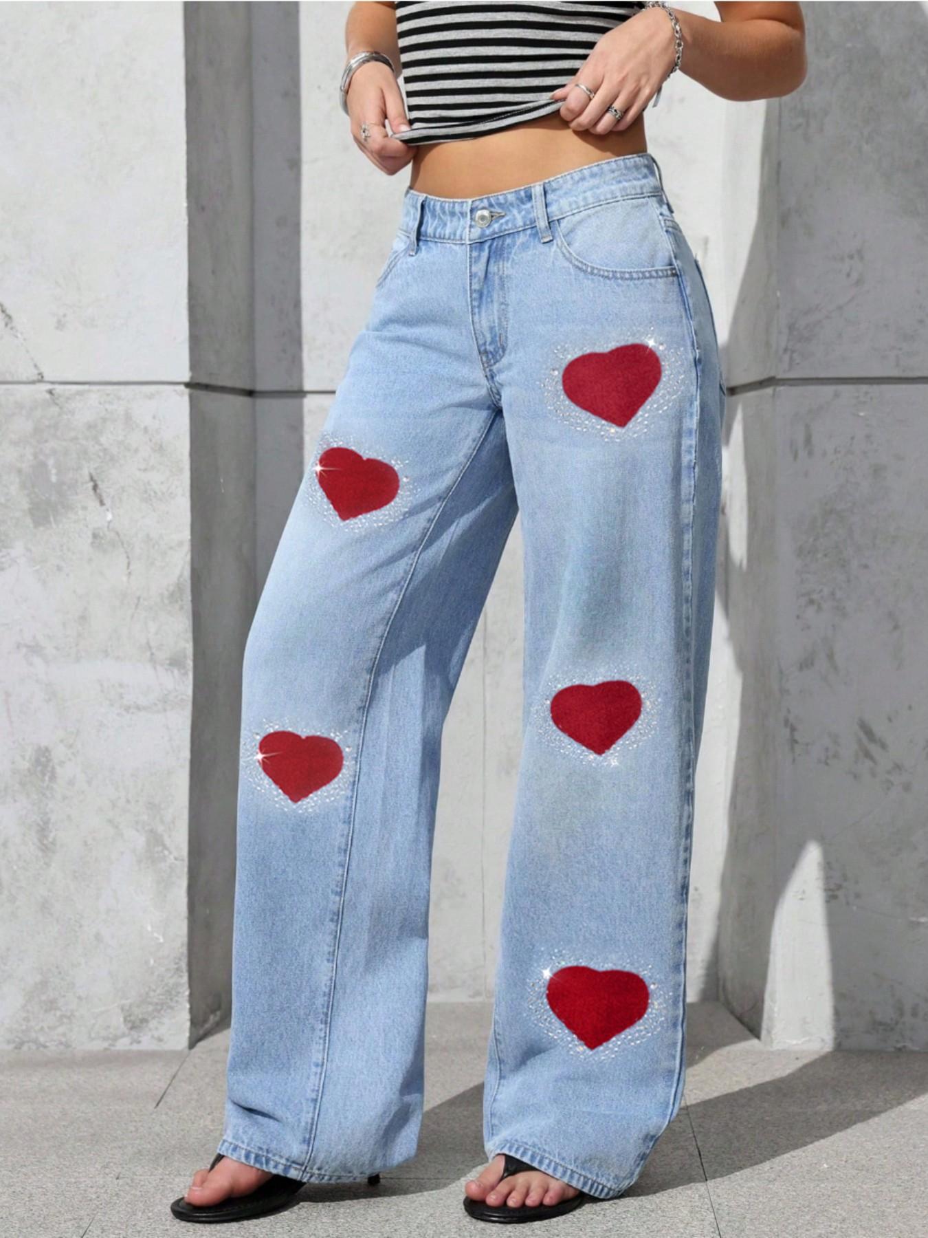 Women's Rhinestone Embroidered Jeans Pants, High Waist Loose-Fitting, Button Fly, Perfect for All Seasons, Elegant Fashion