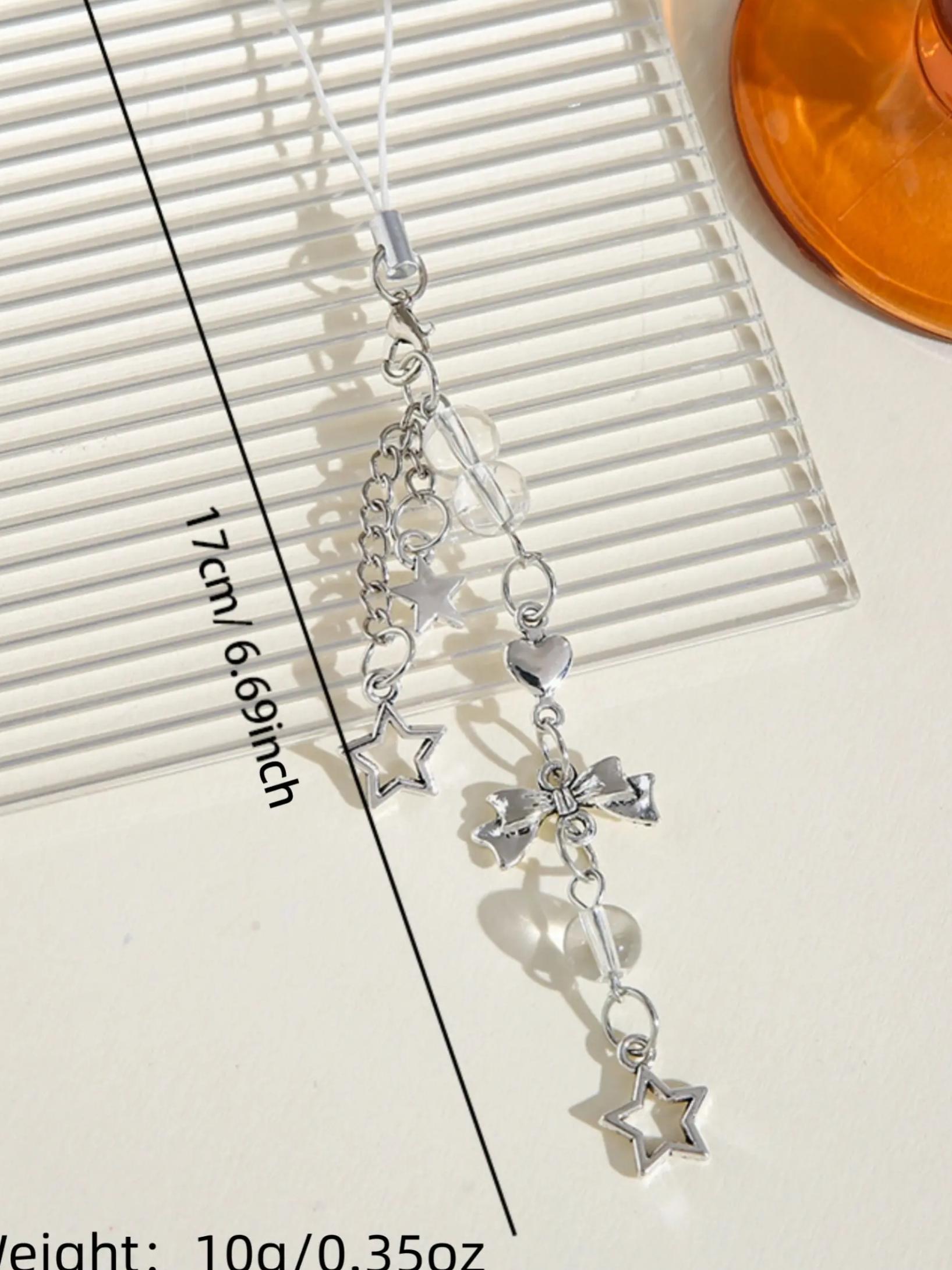 Sweet Bow Phone Chain, Heart Star Metal Keychain, Bag Pendant, Crystal Fringe Charm, Simple Multi-Functional Accessory