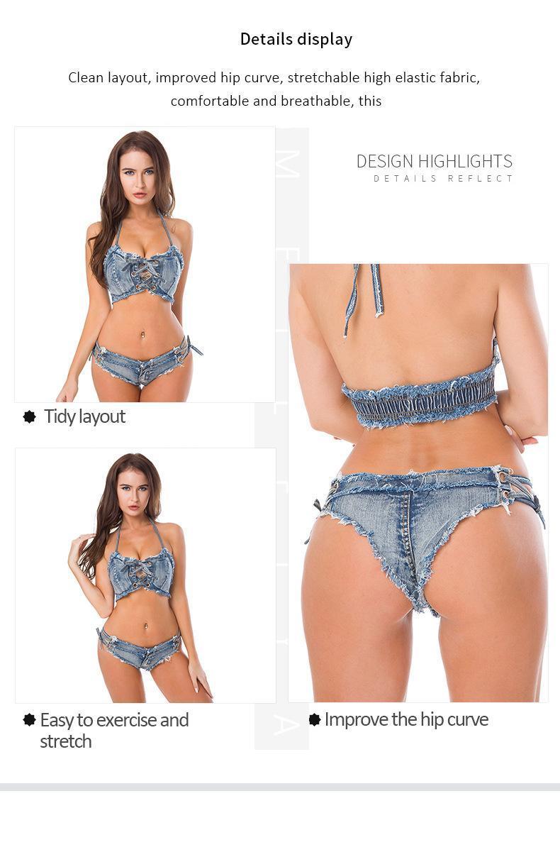 Women's 2-Piece Denim Bikini Swimsuit Set - Distressed Fringed Top, Denim Hot Pants, Beach Wear for Beach Outings, Bar Performances