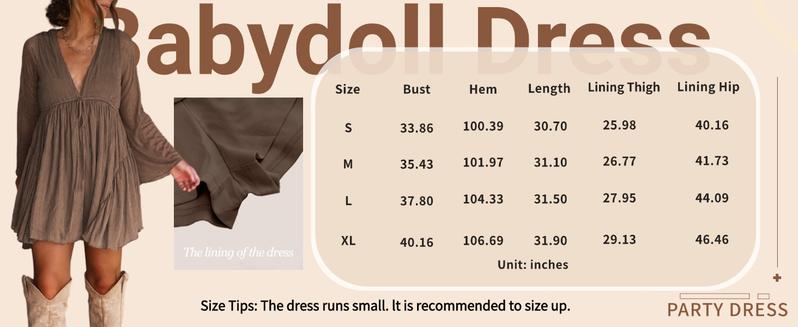 Women's V Neck Long Sleeve Dress with Pants Lining, Vintage Elegant Casual Spring Fall Mini Dress, Loose Fit Plain Pattern