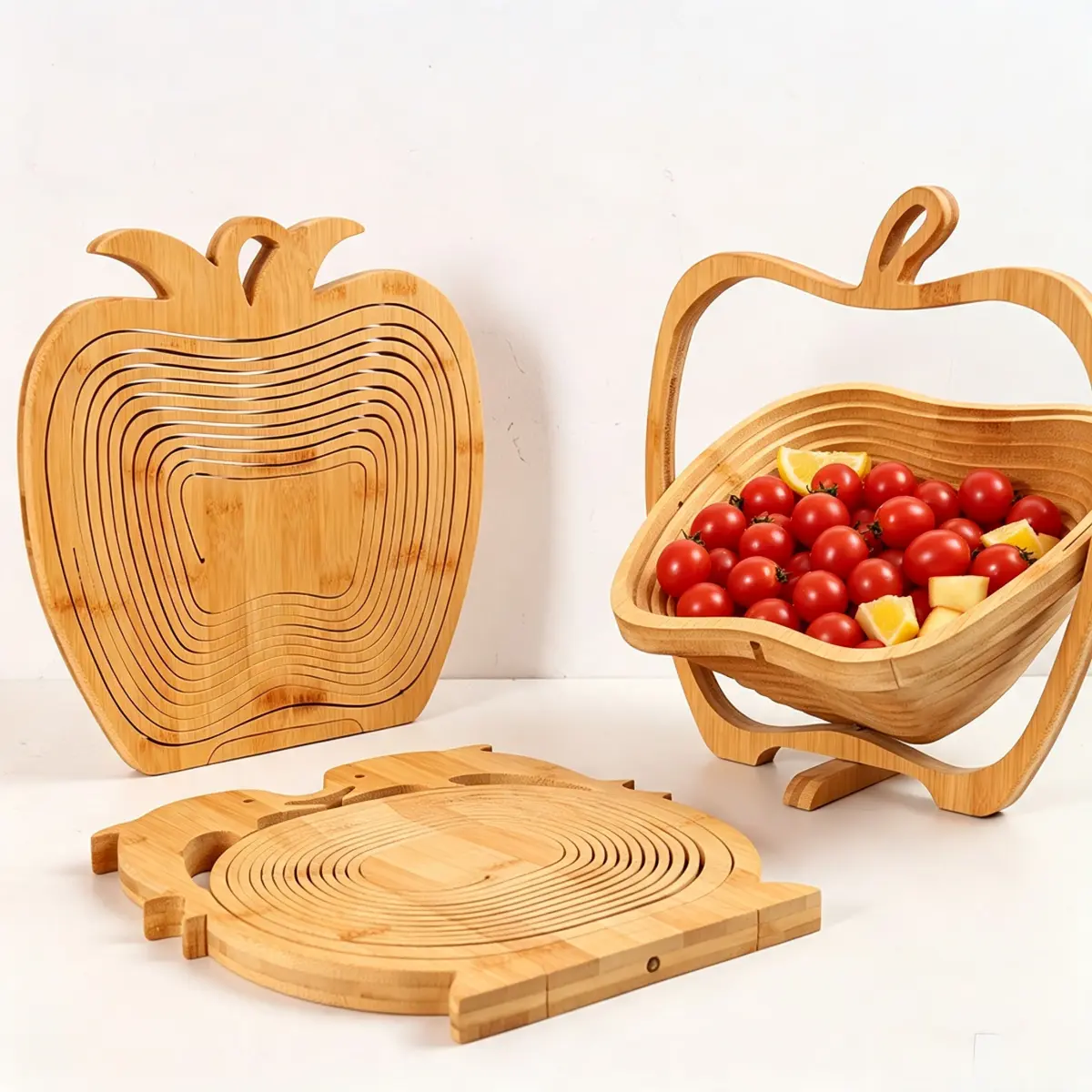 Foldable Bamboo Fruit Basket, Creative Dolphin & Apple Shaped Wooden Fruit Bowl, Collapsible Decorative Storage Tray, Eco-Friendly Bamboo Table Decor for Kitchen Living Room Home Ornament