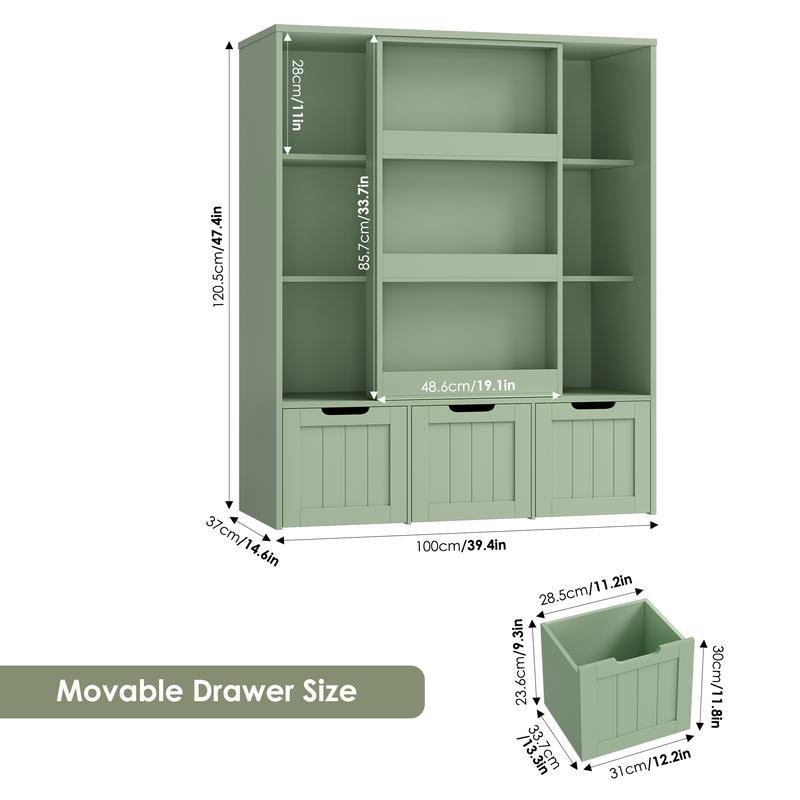 FOTOSOK Toy Storage Organizer with  8 Storage Cubbies and 2 Movable Drawers, Toy Organizer with Hidden Wheels and 3-Tier Kids Bookshelf, Multifunctional Floor Storage Chest for Playroom