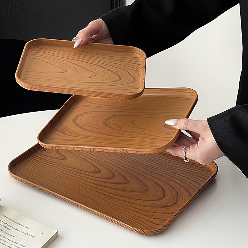 Wood Grain Plastic Tray, Rectangular Multi-Purpose Tray with Oak Design, Lightweight Durable Aesthetic Kitchen Countertop Decor, Home Hotel Cafe Art Decoration