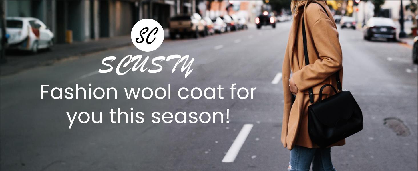 SCUSTY Women's Notched Lapel Winter Wool Coat Single Breasted Pea Coats Wool Blend Blazer Jacket