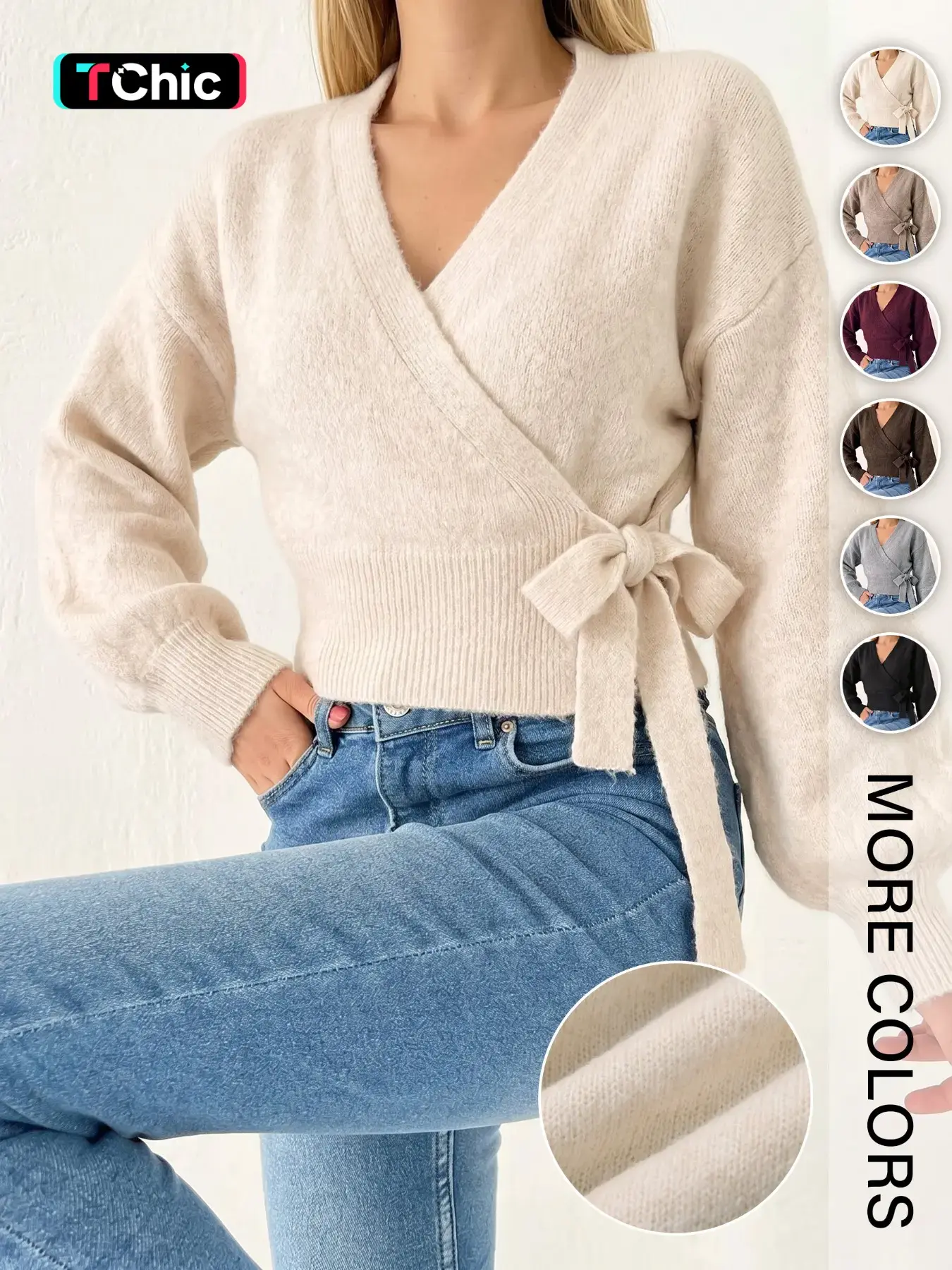 Women's Solid Color Knit Long Sleeve Tie Front Sweater, Casual Pullover Top, Comfortable, Chic and Stylish, Perfect for Daily Wear