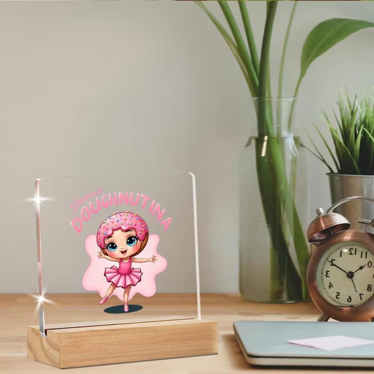 Ballerina Donut Centerpiece with Sprinkles - Kawaii Pink Tutu & Big Blue Eyes Clear Acrylic Display Stand Base, Ballet-Themed Desktop Ornament Suitable for, Gift for Ballet Dancers, Donut Lovers, or Office Decoration