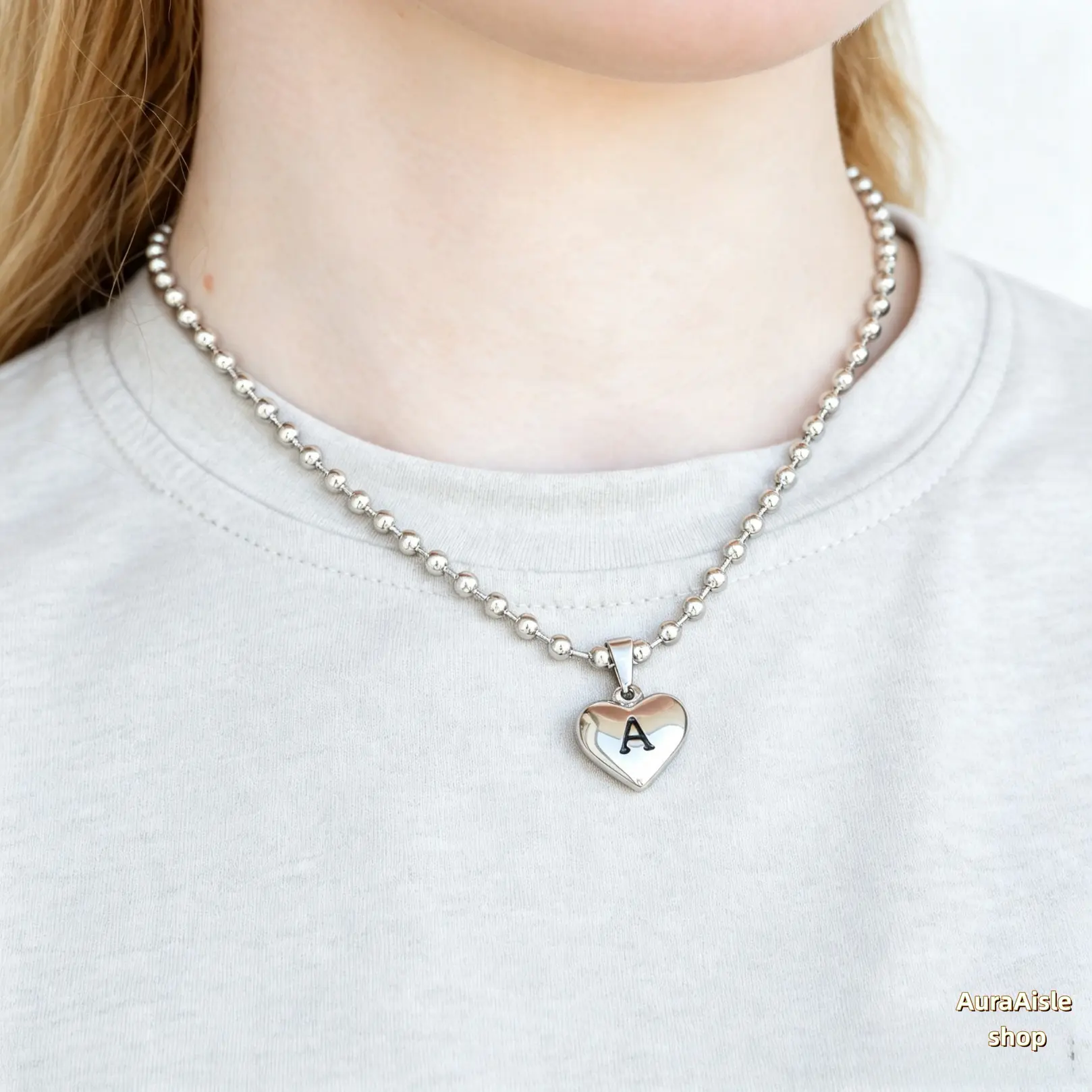 Waterproof Initial Heart Necklace Dainty Bead Ball Chain Pendant Non‑Tarnishing Everyday Wear Jewelry Minimalist Letter Heart Charm for Daily Casual Layering Outfit
