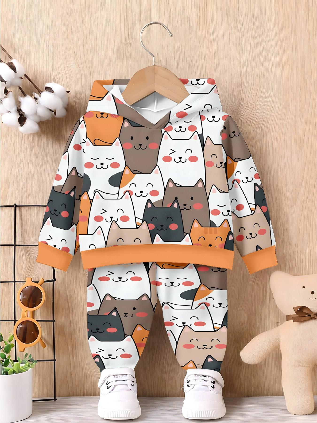 Full Color Cartoon Cat Print Sweatpants Set, Ribbed Hem, Unisex Kids' Long Sleeve Loose Fit, Fall & Winter Casual Suit