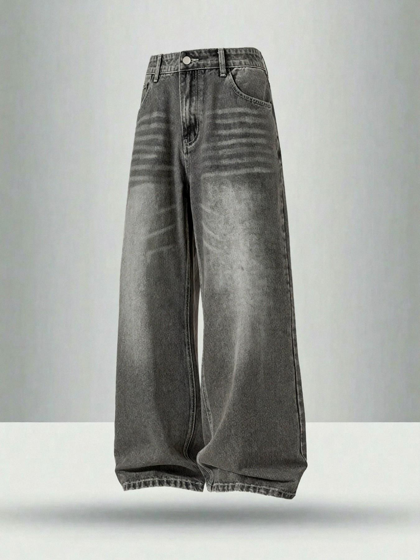 Men's retro vintage washed straight leg jeans, casual four season street style, zipper placket, solid color pattern, daily wear of denim pants, if you like loose fit, it is recommended to buy one size larger