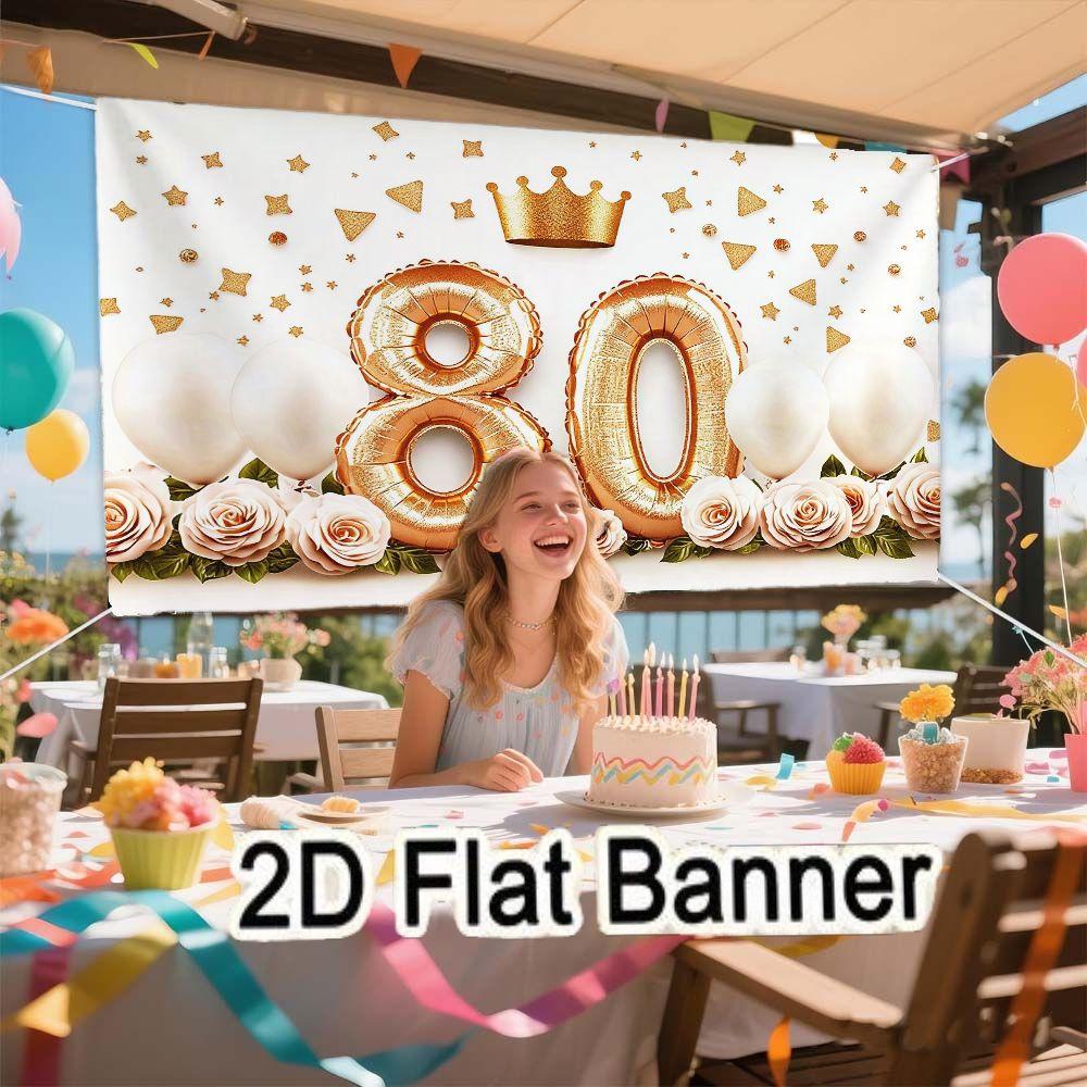 2D flat banner, 1pc80th Birthday Party Decorations, Gold Foil Number 80 Balloons Crown Shaped Balloon with Pink Roses & White Balloons, Gold Confetti Background, Festive Celebration Decor for Milestone Event