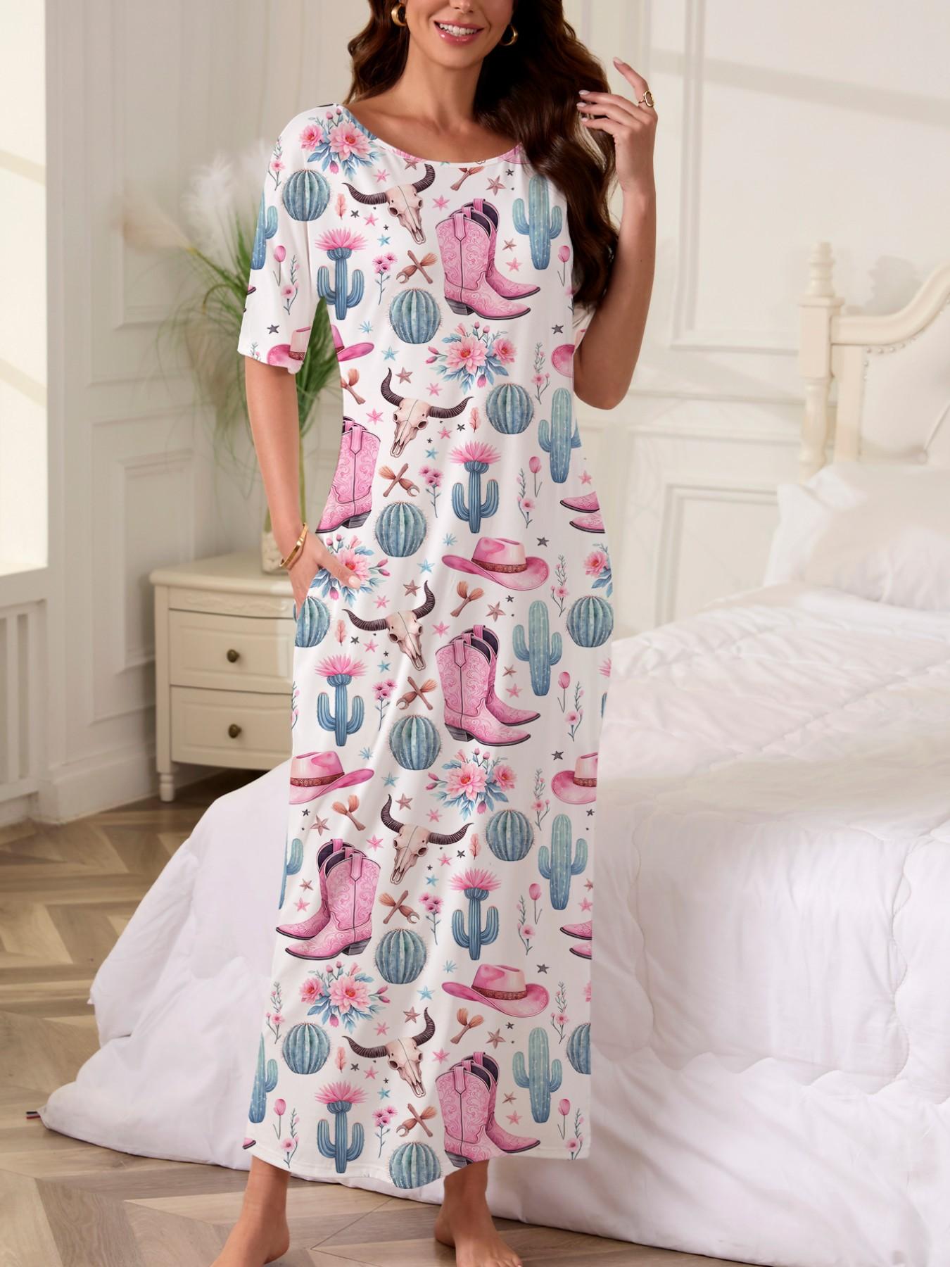 Western Cowboy Cactus Print Nightgown, Women's Casual Loose-Fit Short Sleeve Robe, Comfortable Holiday Party Sleepwear, Side Pockets