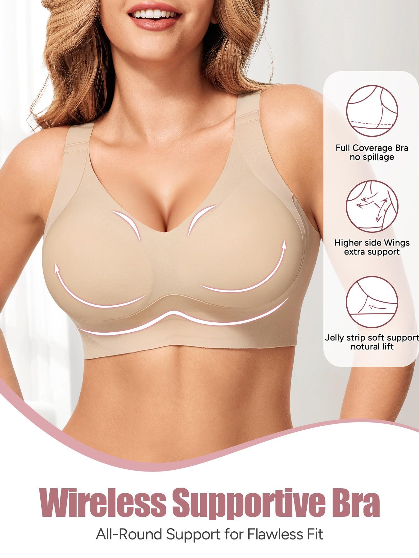 Women's Full Coverage Wireless Bra, No Steel Cup, Medium Support, Fitted Design, Casual Style, Wide Shoulder Straps, Plain Pattern