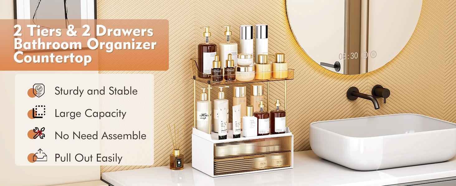 7CODE 4-Tier 2-Drawer Bathroom Organizer with Makeup, Perfume, and Skincare Organizers in Amber Racks Cosmetic Box