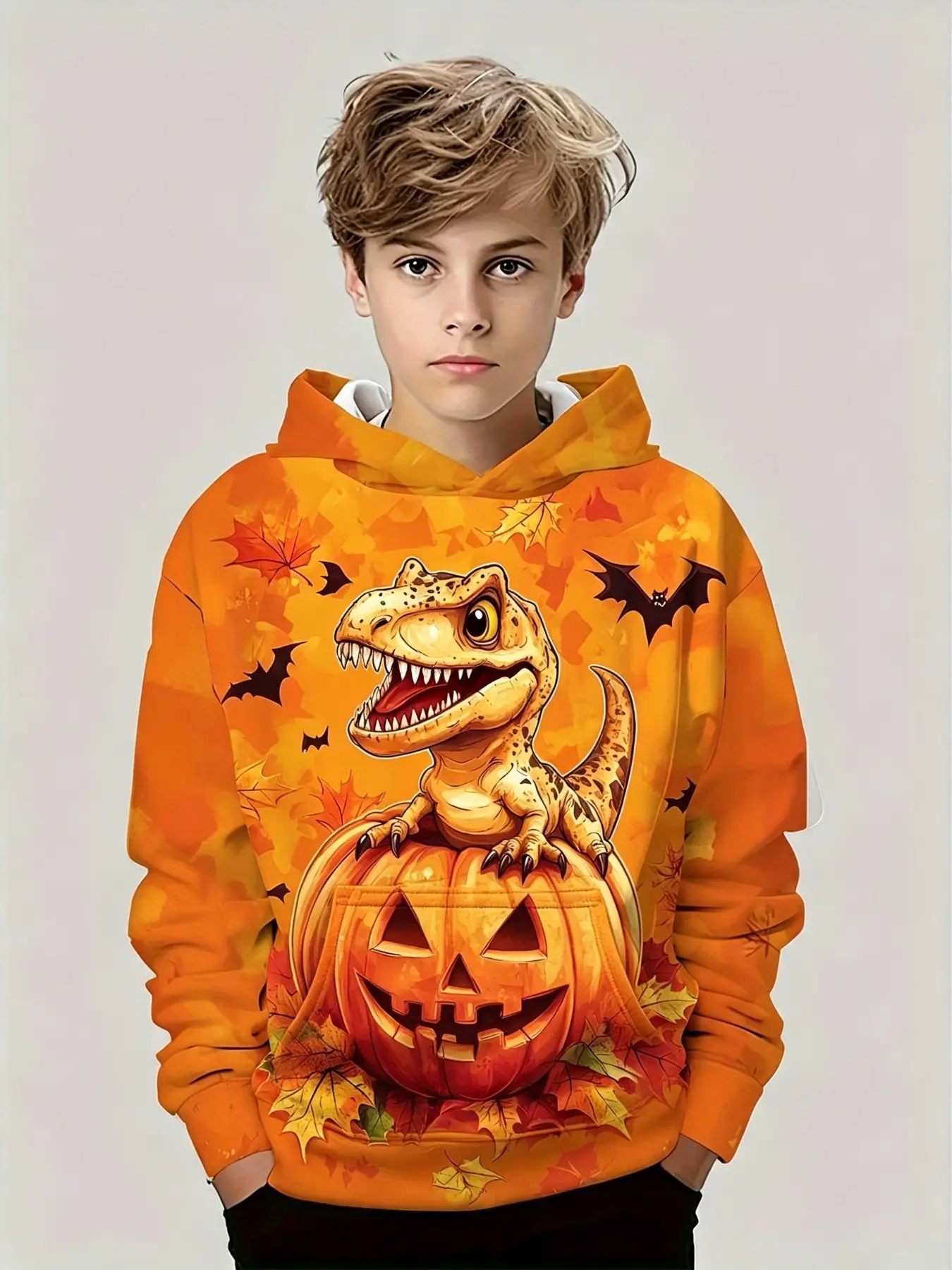 Halloween Sweatshirt, Dinosaur Pumpkin Maple Leaf Hoodie, Print, Casual Loose-Fit, Fall Season, Non-Zipper Top