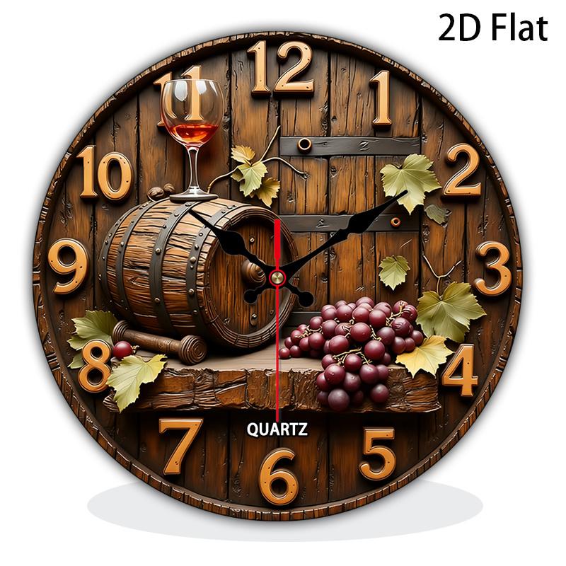 2D flat design. 1 piece set. Vintage Winery Wine Barrel Grape Wall Clock, Silent Decorative Wall Clock, Creative Wall Clock, Suitable for Bedroom, Living Room, Office Decoration, 25/30cm (excluding AA batteries), 2D Flat Version