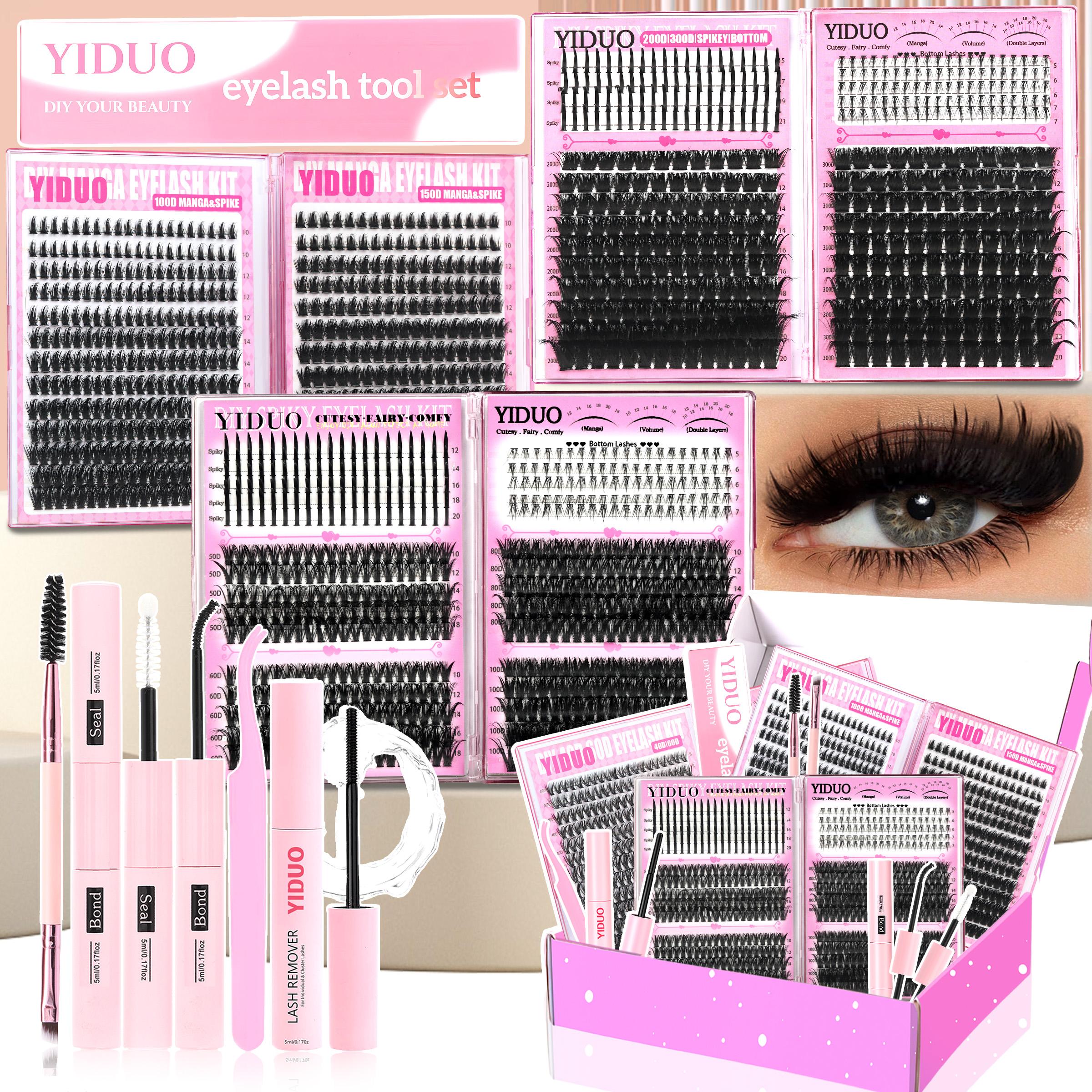1488pcs Lash Cluster Kit, Individual Eyelash Kit, Home DIY Makeup Eyelash Extensions Set with 10 Styles (50D/60D/80D/100D/Bottom/Spike/Manga/Volume 5–20mm), D-Curl Cluster Eyelash Extension Kit with Lash Bond & Seal, Remover, Tweezers & Brush