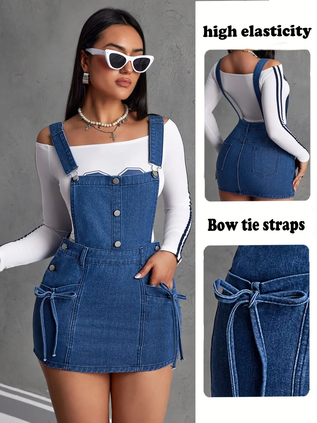 Casual Women's Denim Overall Dress with Bow Tie and Bungee Strap, High Elasticity Comfort Fit, Perfect for Daily Wear and Summer Outings