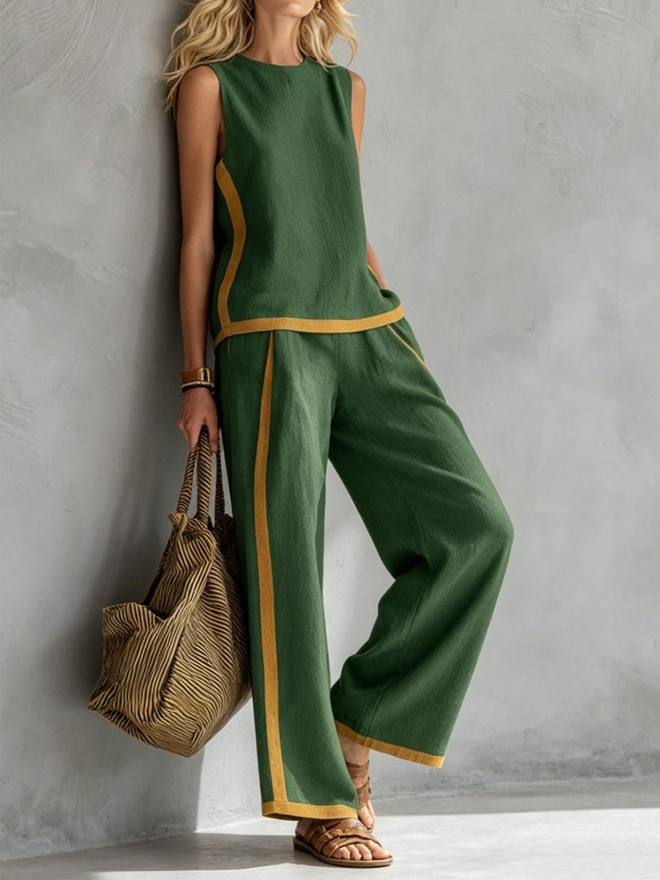 Women's Casual Loose color blocked sleeveless wide leg two-piece set, Colorblock casual set, with breathable surface suitable for commuting, daily wear. Multiple colors available