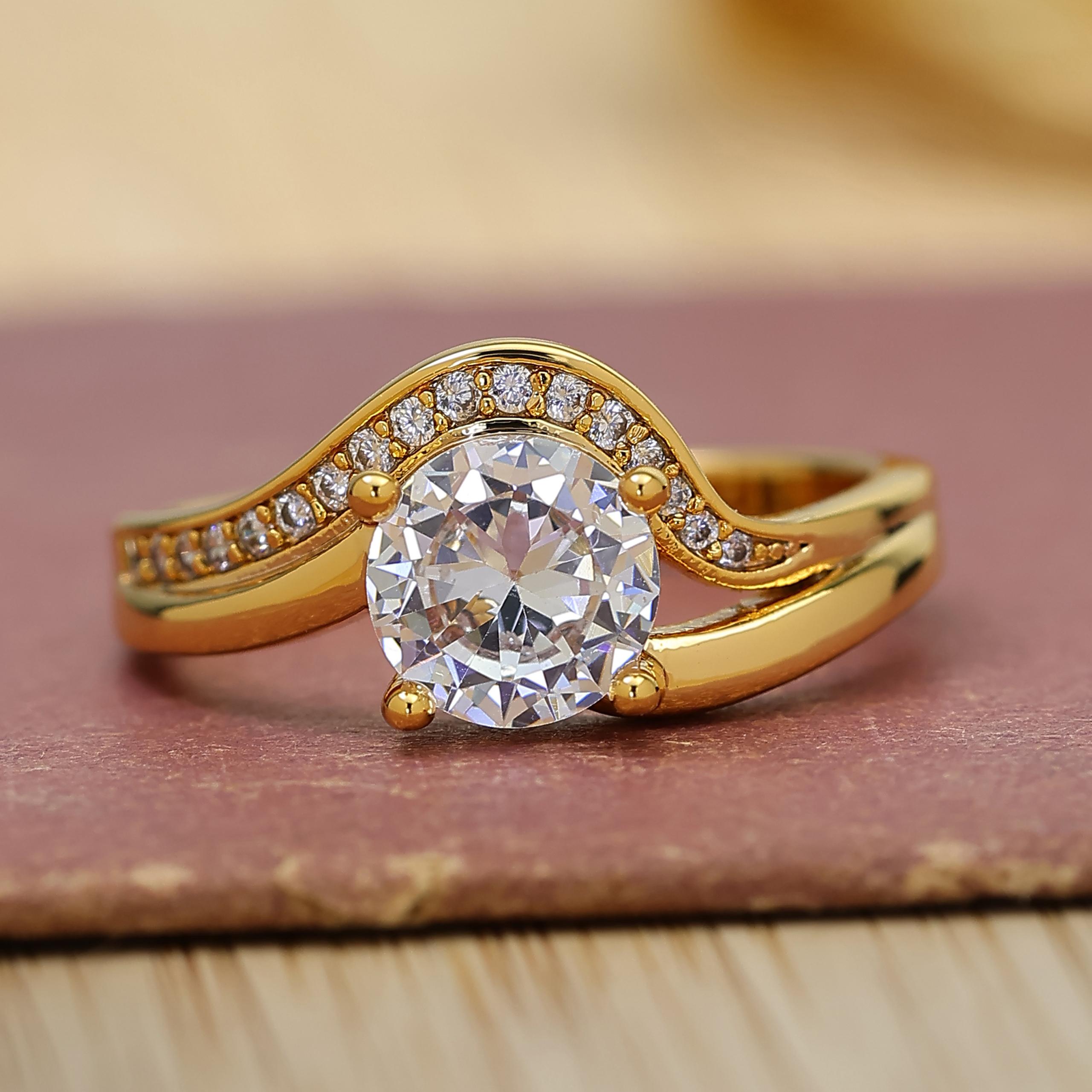 Solitaire Engagement Ring with Sleek Gold-Tone Twisted Band, Unisex Statement Jewelry for Wedding or Anniversary, Bridal Engagement Ring, Elegant Ring