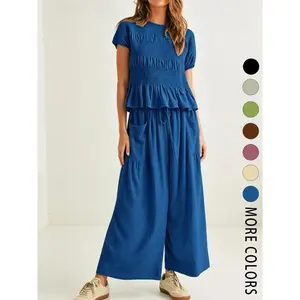 Women's Fashion Casual High-End Textured Cotton Ruffled Short Sleeve Two-Piece Set Womenswear, Clothes, with waist-cinching ruffles and a flowing wide-leg pant design, perfect for summer, vacations, indoor, and outdoor wear