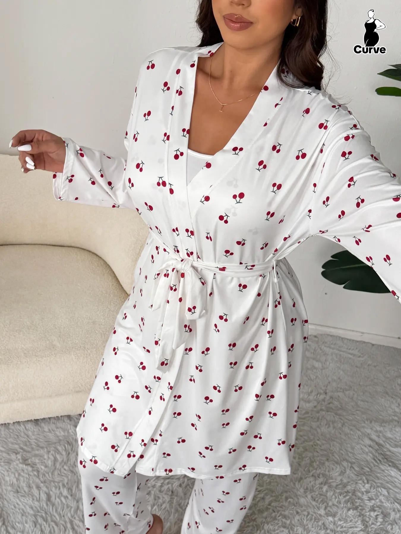 Plus Size Cherry Print Women's Sweet Comfortable Belted Robe & Sleeveless Long Pants & Cami Set, Three-Piece Pajama Sleepwear, Casual Home Wear Plus Size Cherry Print Women's Sweet Comfortable Belted Robe & Sleeveless Long Pants & Cami Set, Three-Piece Pajama Sleepwear, Casual Home Wear