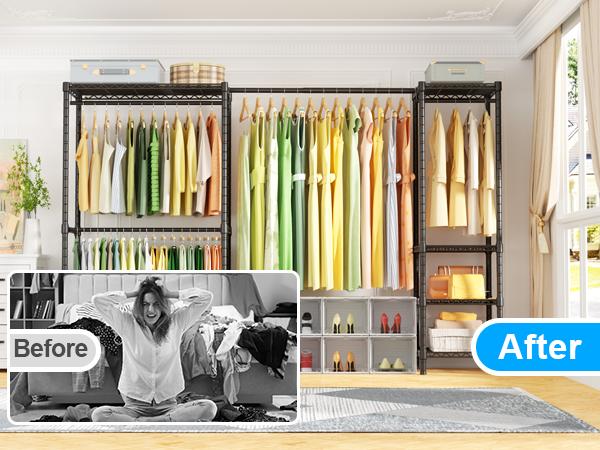 Ulif E10 Heavy Duty Clothes Rack With Stretchable Hanger Rod Adjustable Closet Organizer System,Freestanding Clothing Racks for Hanging Clothes,Portable Garment Rack 73-97"W x 15" D x 72" H，Max Load 800LBS，Black