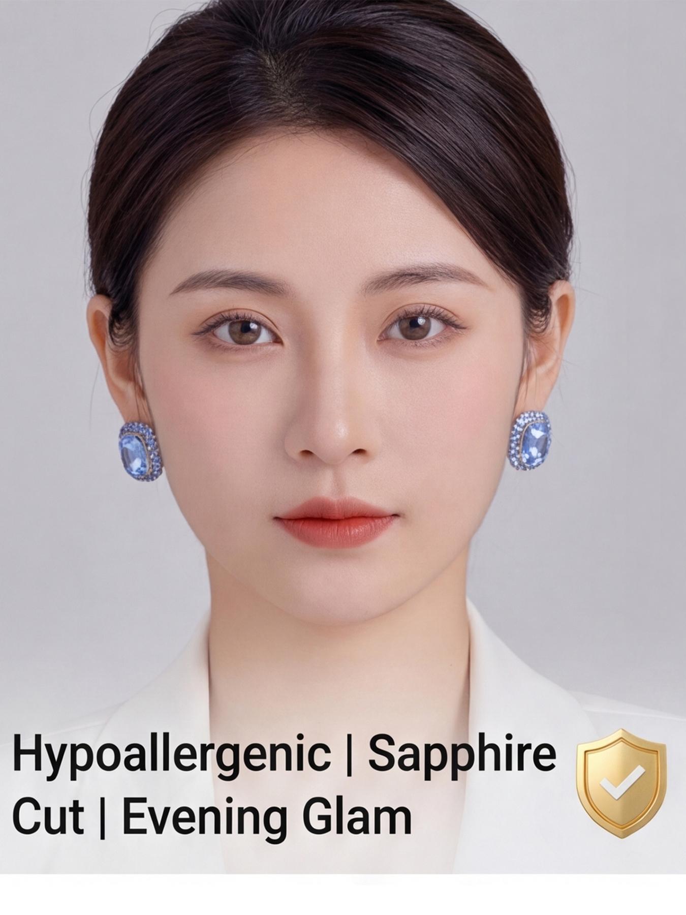 Women's Hypoallergenic Luxury Cushion Cut Blue Sapphire Crystal Stud Earrings, Gold Plated Halo Rhinestone Inlaid Statement Earrings for Evening Party Wedding Formal Wear & Gift