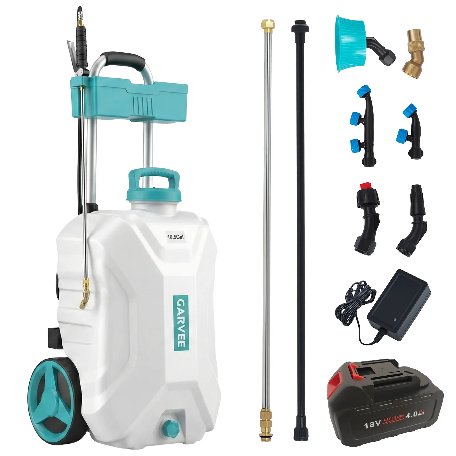 10.5 Gal Tank Lawn Sprayer Kit Set for Gardening Users, 18V 4Ah Cordless Battery-Powered Outdoor Sprayer with Wheeled Cart, 6 Nozzles, 2 Wands & 80 PSI Adjustable Pressure for Lawn Care Weed Insect Control