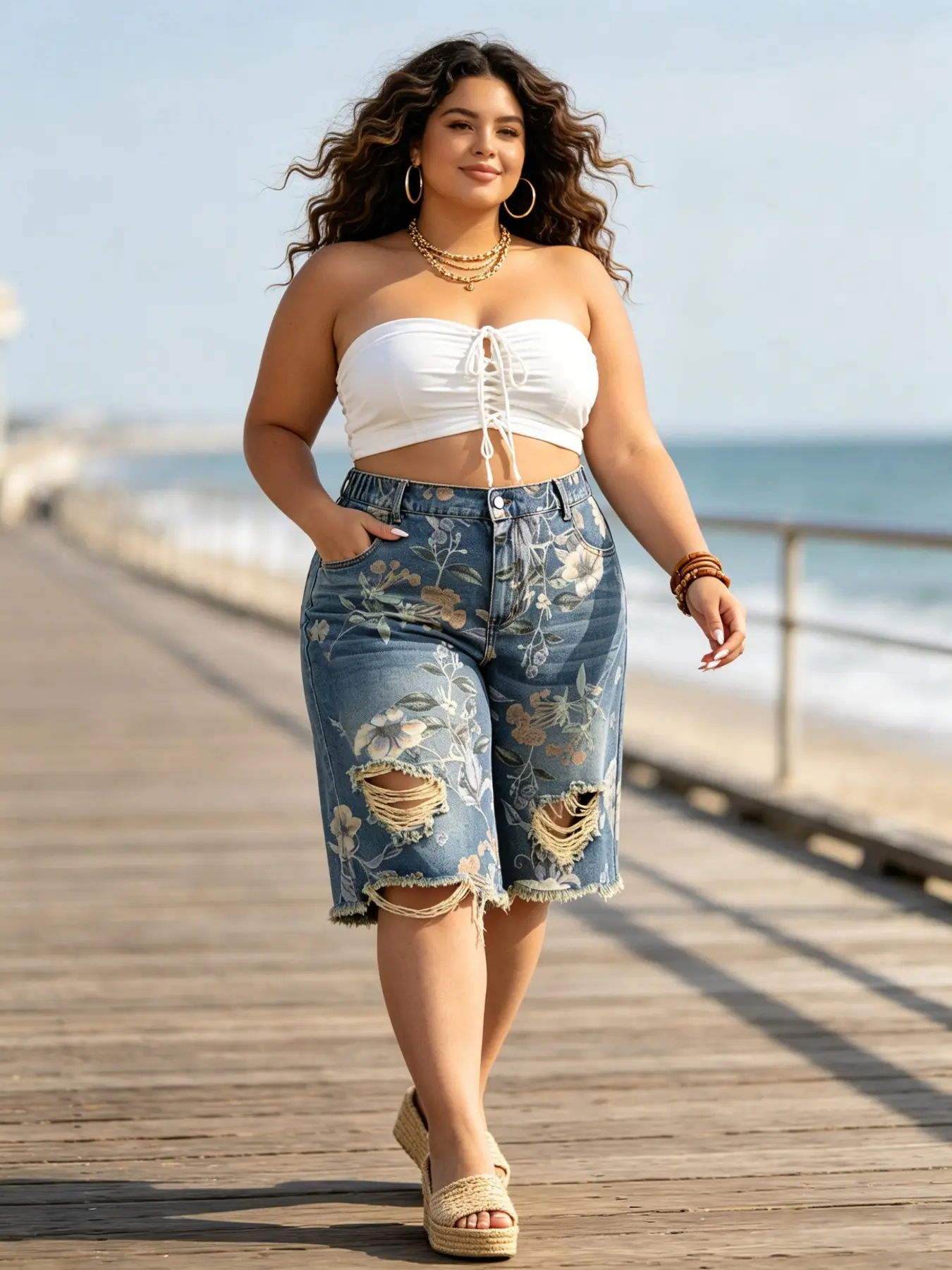 Vintage Floral Print Ripped Jeans Shorts, Bohemian High Waist Knee-Length, Wide Leg, Frayed Hem with Pockets, Casual Summer Wear
