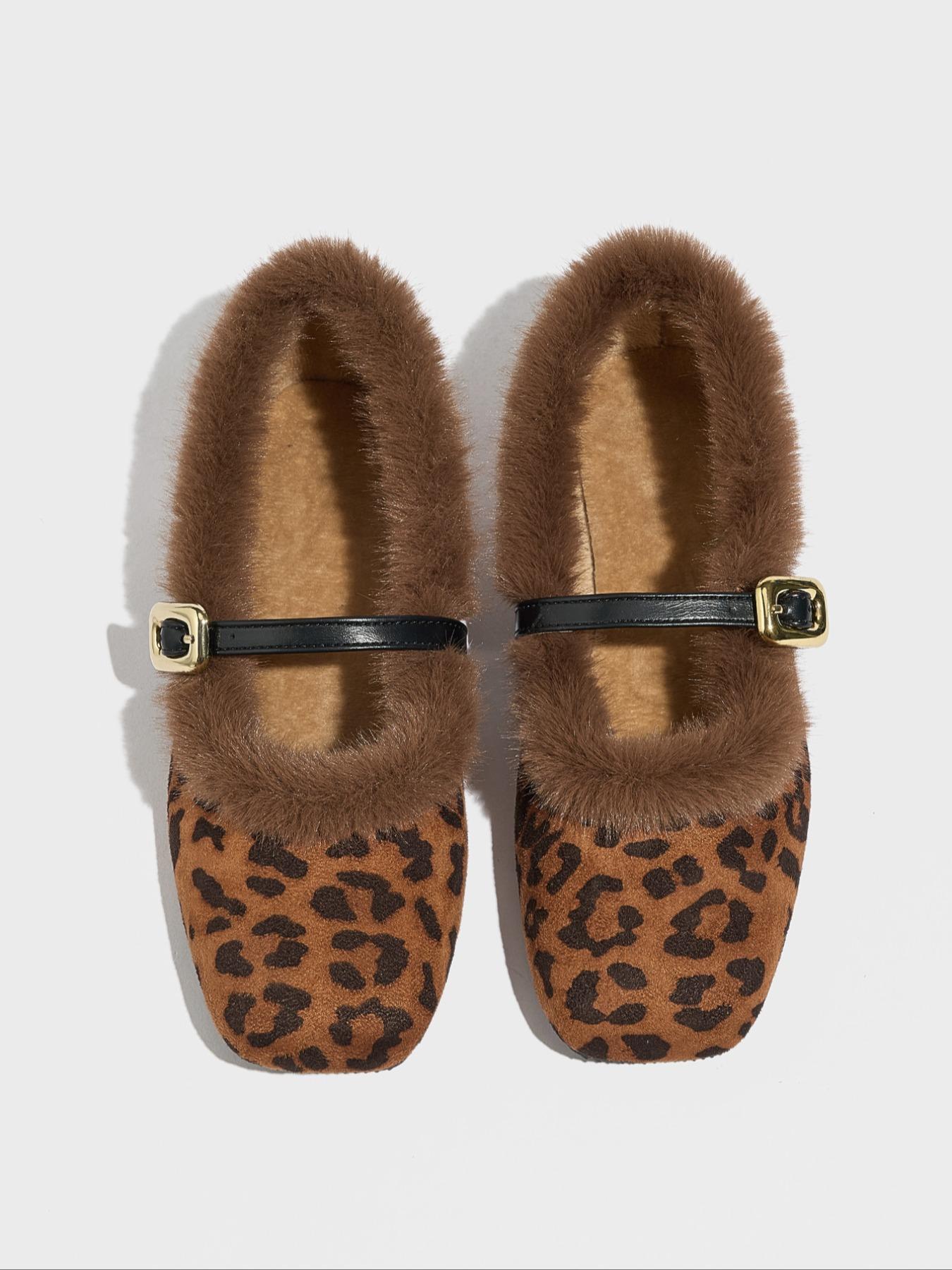Women's Leopard Print Fur Lined Mary Jane Shoes, Vintage Square Toe Winter Boots, Warm Outdoor Soft Sole Slip-On Flats, Walking Shoes, Footwear