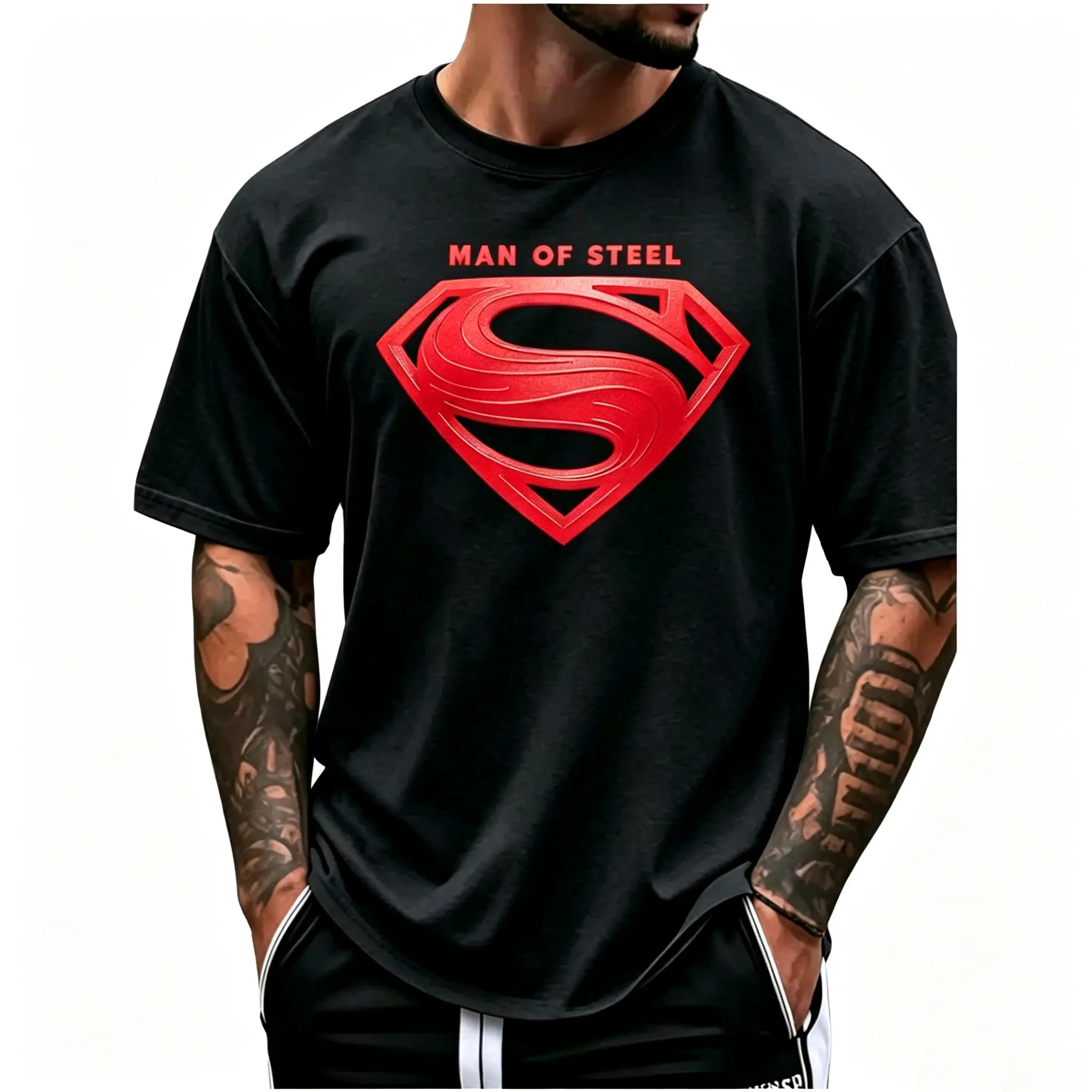 Justice League Men's Casual Crew Neck T-Shirt Man of Steel Graphic Print short-sleeved Ideal for Spring/Summer Everyday Tshirt| Playful Text Design| Comfortable Fit SIZE Size S-XXL white tee Unisex Vintage clothes boys merch Menswear Shortsleeve