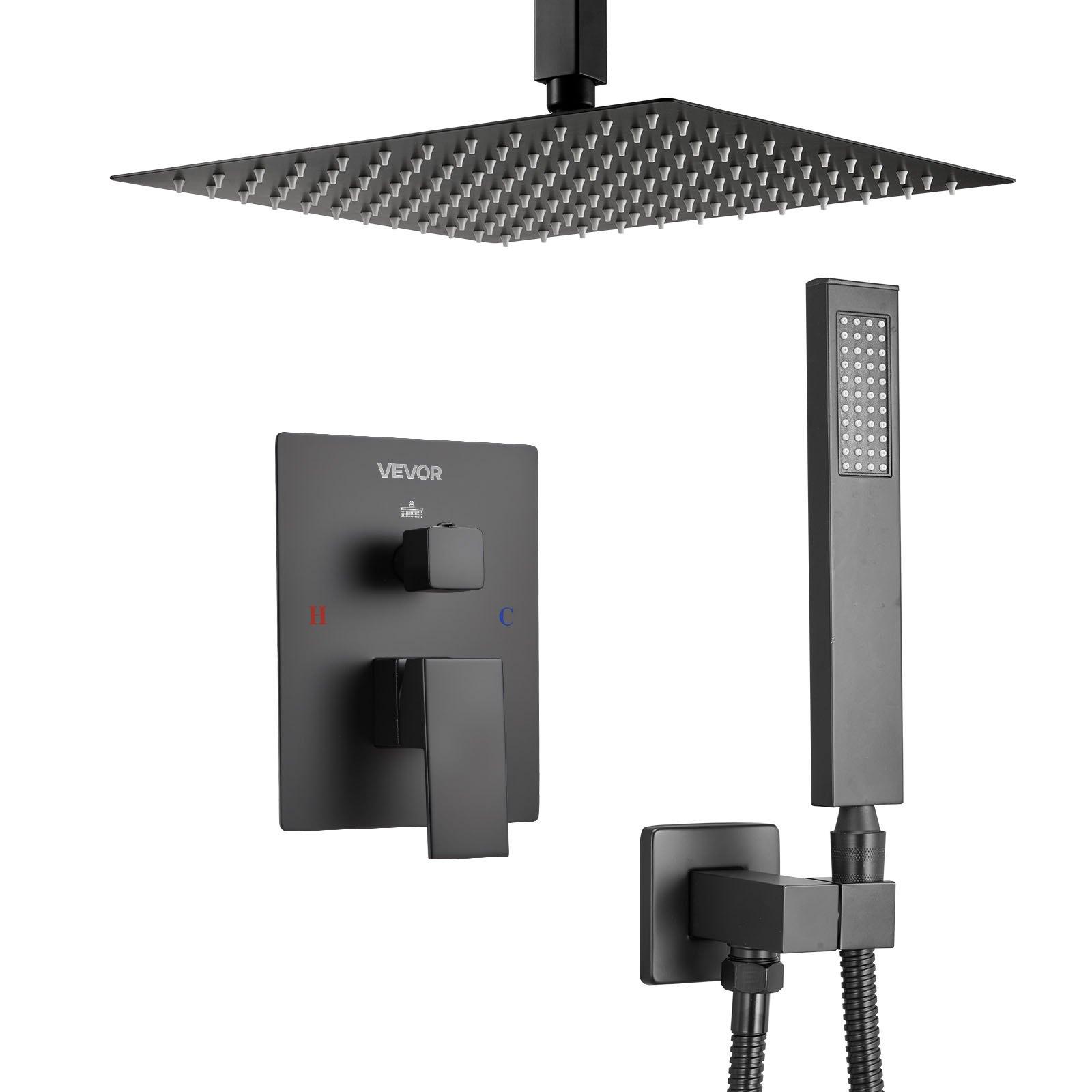 VEVOR Shower Faucet Set, Rainfall Bathroom Shower System with 10-Inch Square Rain Shower Head and Handheld Spray, Ceiling Mount Bath Fixtures with Brass Valve and Trim Kit, Matte Black