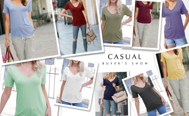 Goranbon Women Fashion Deep V-Neck Short Sleeve Tops Solid Casual Loose Basic T Shirt Goranbon Women Fashion Deep V-Neck Short Sleeve Tops Solid Casual Loose Basic T Shirt