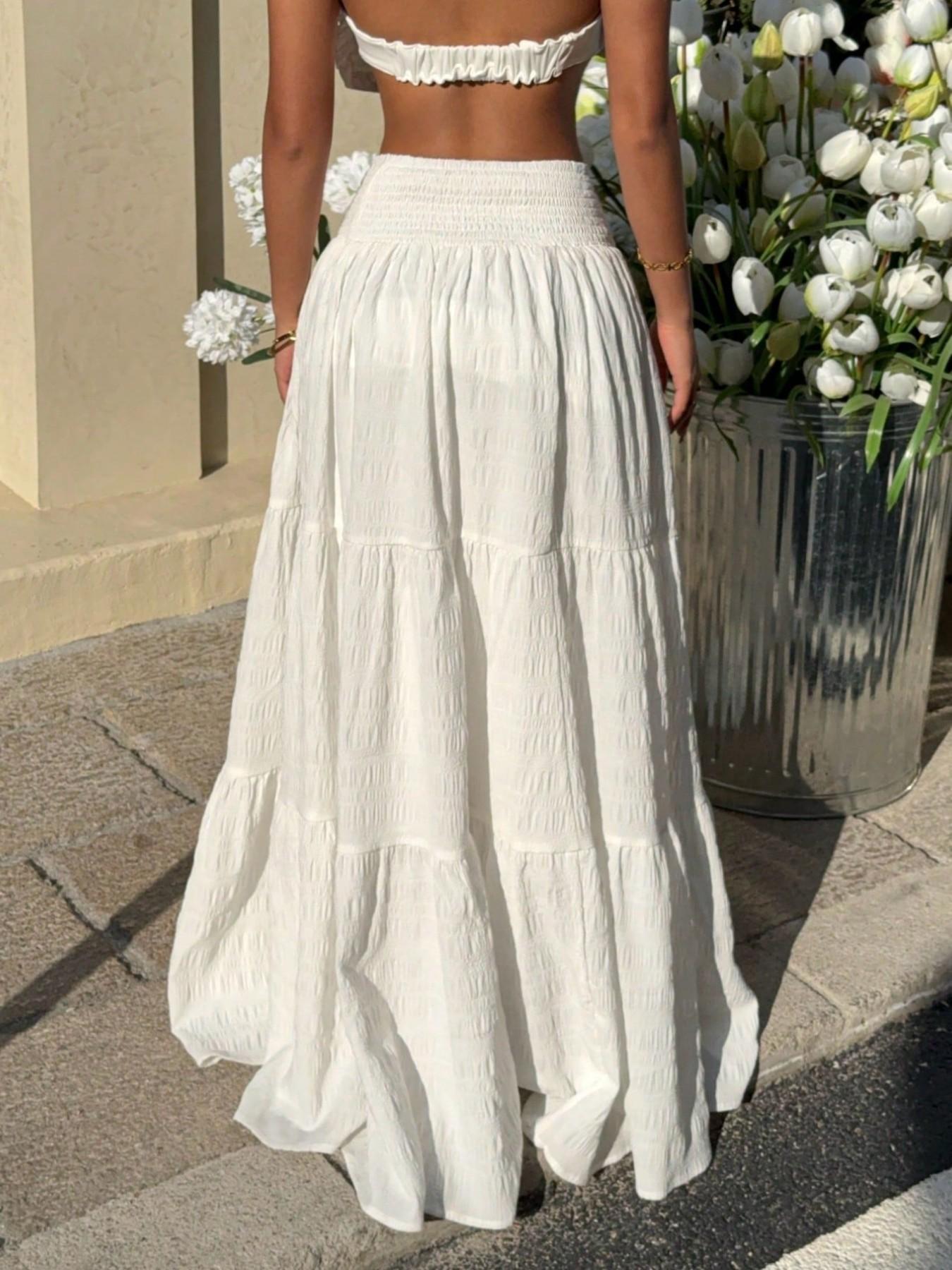 Women's Textured High Waist Cake Skirt, Boho Style Long Skirt, Elastic Waist, A-Line Slimming Fit, Spring & Fall Fashion