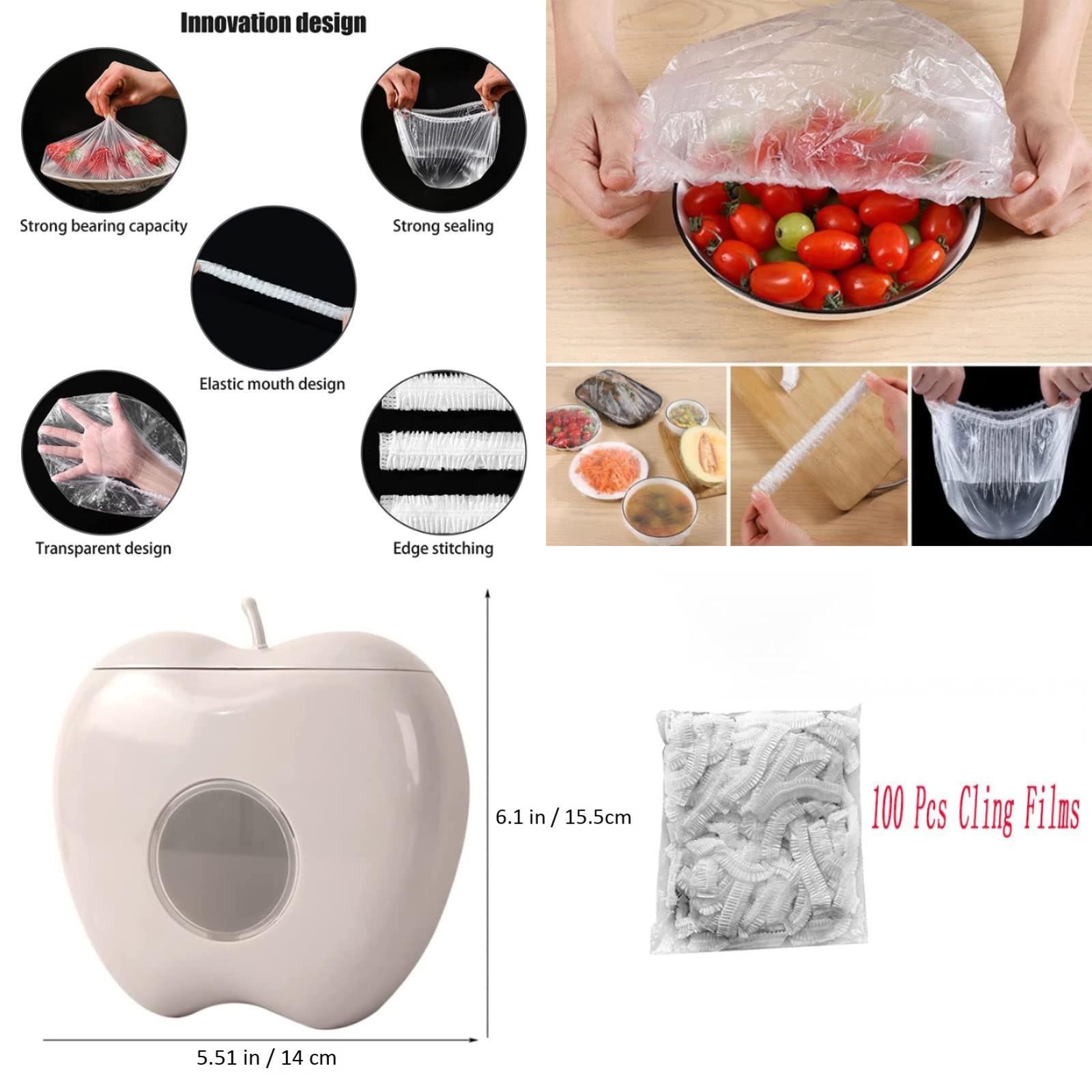 Plastic Wrap & Food Storage Bag Dispenser — Includes 100 Sheets of Plastic Wrap | Multi-functional, Wall-Mounted Kitchen Organizer | No-Drill, High-Capacity, Apple-Shaped Storage Box for Kitchen & Bathroom (Green + 100 Sheets)