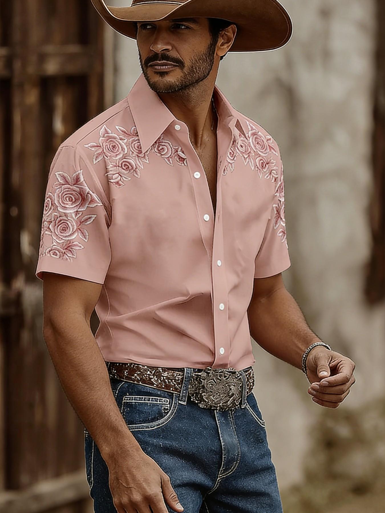 Men's Western Cowboy Style Rose Print Short Sleeve Shirt, Summer Casual Versatile Top, American Vintage Fashion