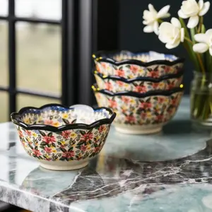 Vintage Ceramic Kitchen Bowls, Small Round Bowls with Exotic Daisy Pattern, Microwave & Dishwasher Safe, Ideal for Cereal, Soup, Snack, Rice, Salad, Kitchenware