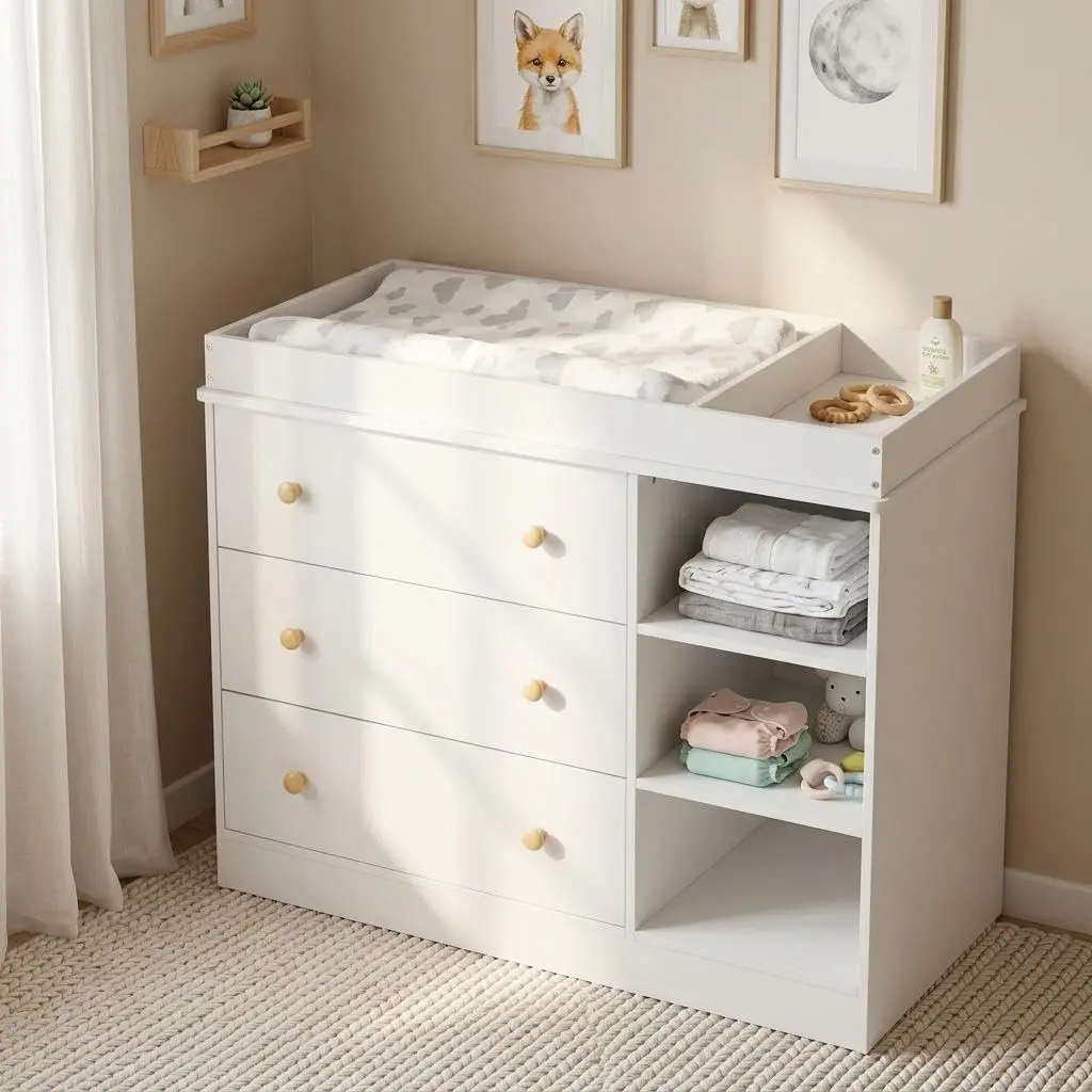 Baby Changing Table with Drawers and Open Shelves | White Wooden Nursery Diaper Changing Station with Waterproof Pad, Infant Changing Table for Newborn Baby Nursery