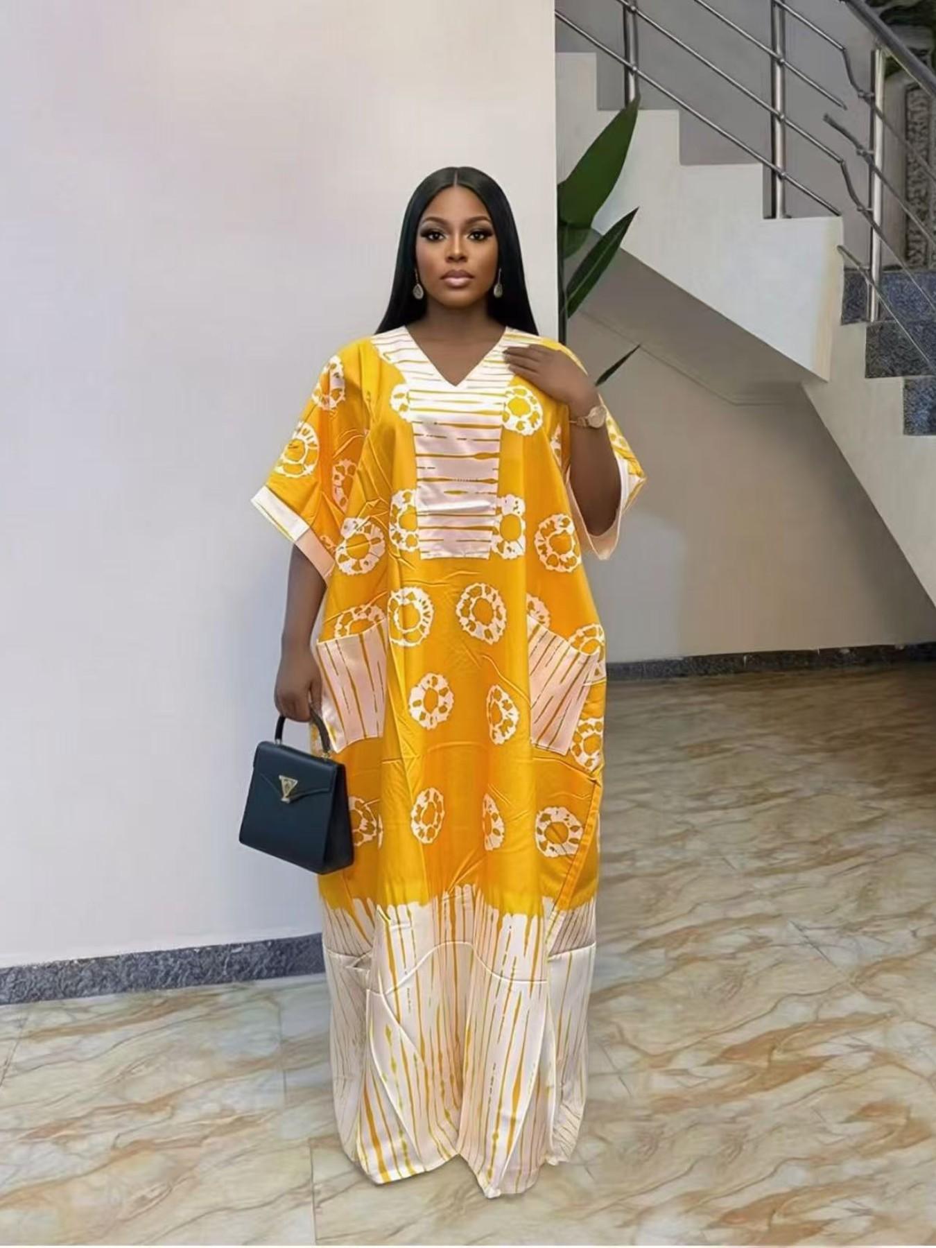 African Style Fashion Dress Summer Loose Plus Size Print Chest Patch Ethnic Boubou Kaftan Long Robe Daily Travel Party V Neck Short Sleeve with Pockets and Scarf Casual Wear